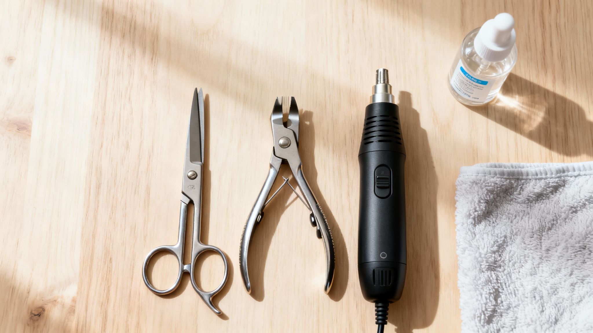 A flat lay of dog grooming tools including clippers, scissors, grinder, and oil on wood.