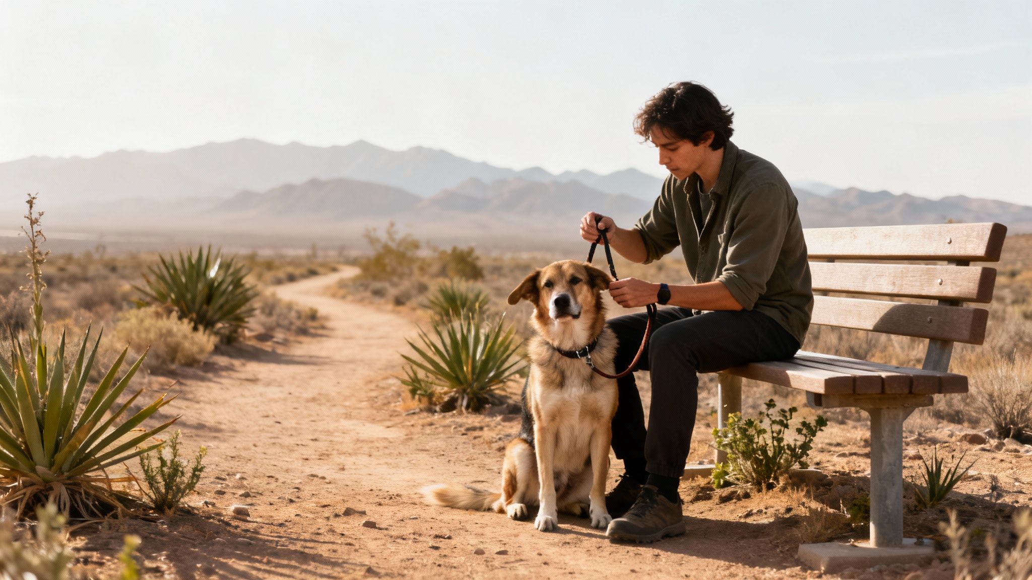 A young man and his dog rest on a bench on a desert trail with mountains in the background.