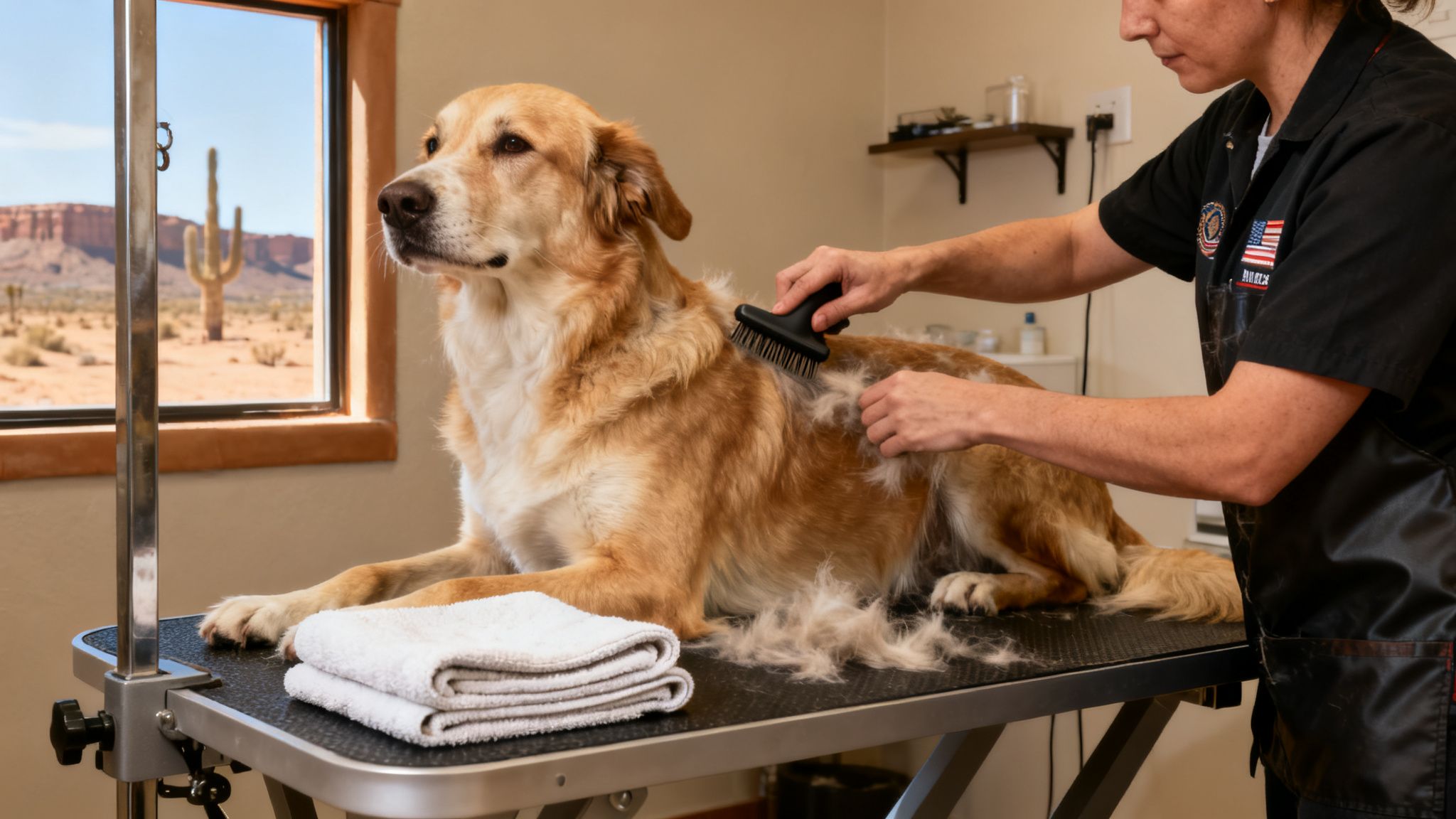A professional groomer desheds a golden retriever on a grooming table with a desert view.