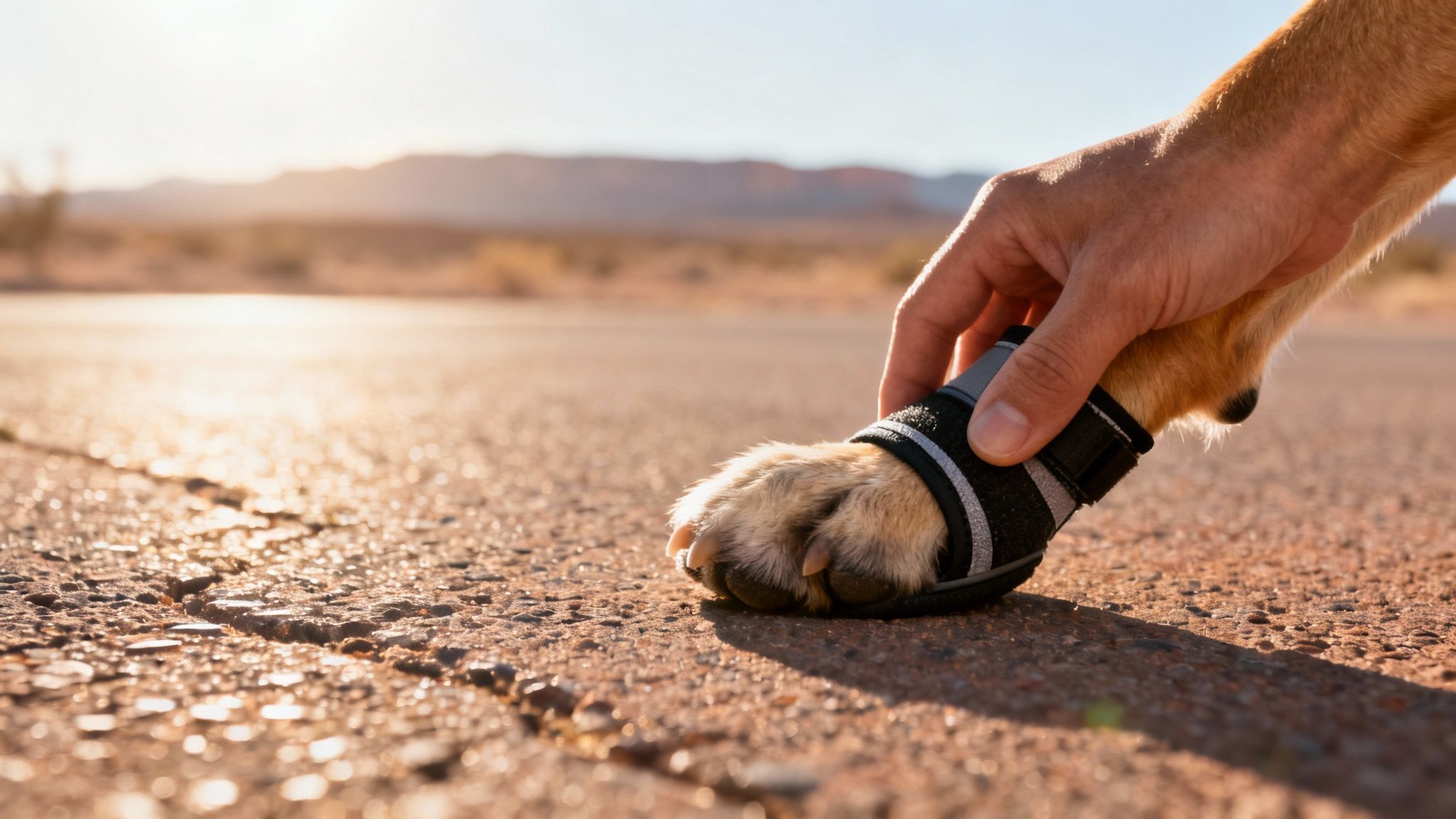 A person puts a black protective boot on a dog's paw on a cracked desert road at sunset.