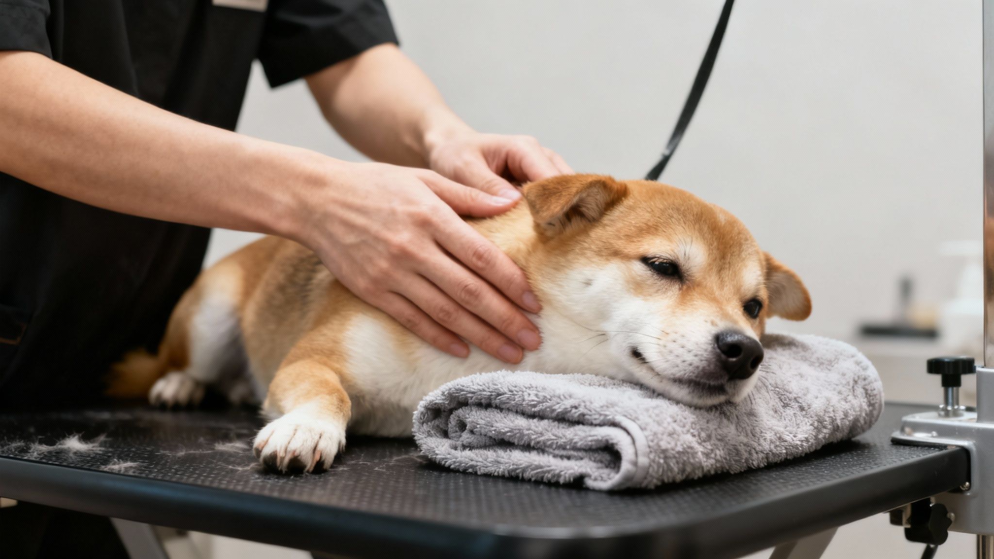A groomer gently strokes a relaxed Shiba Inu dog on a grooming table with a towel.