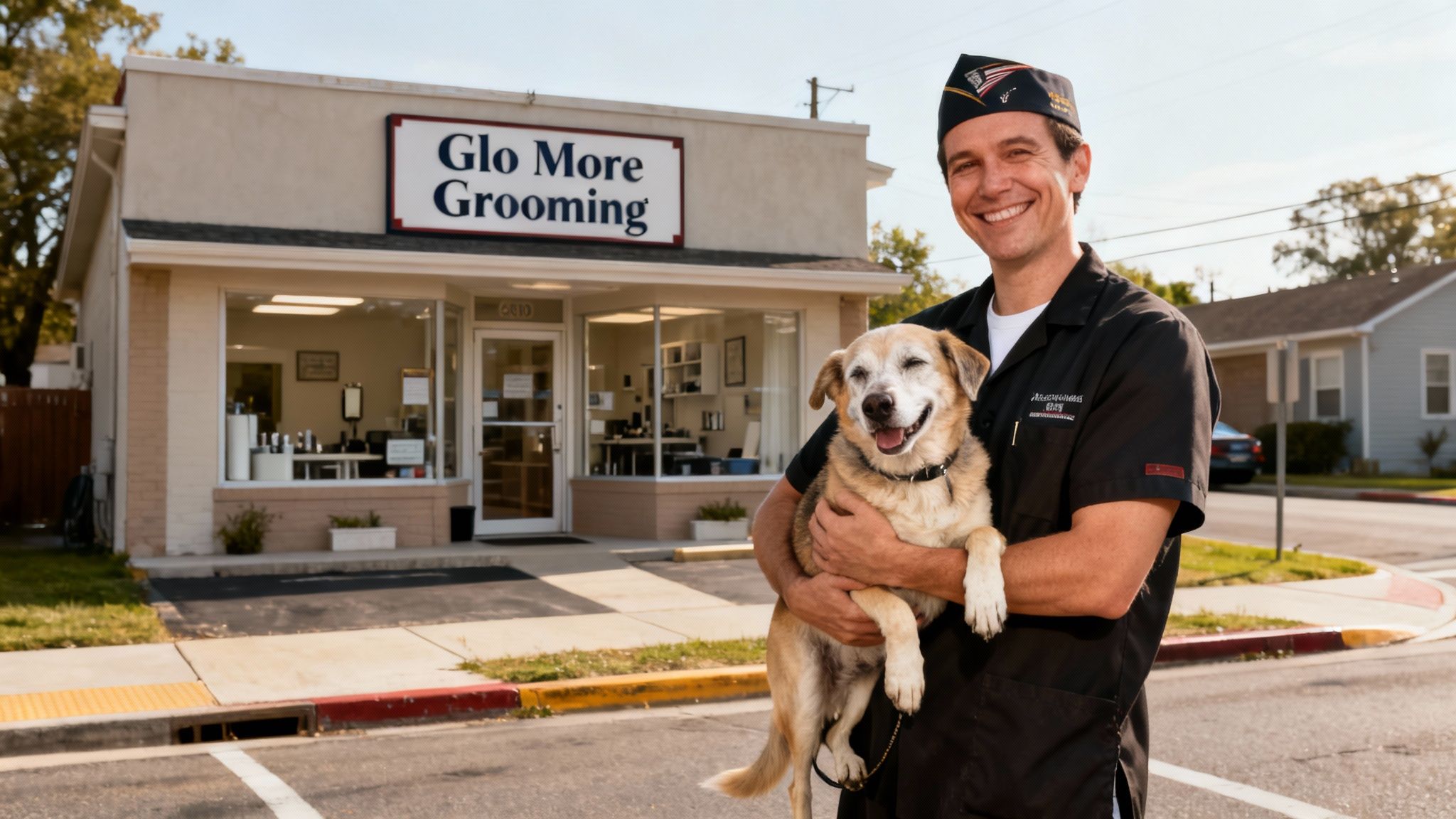 A smiling man holds a happy, senior dog in front of Glo More Grooming shop.
