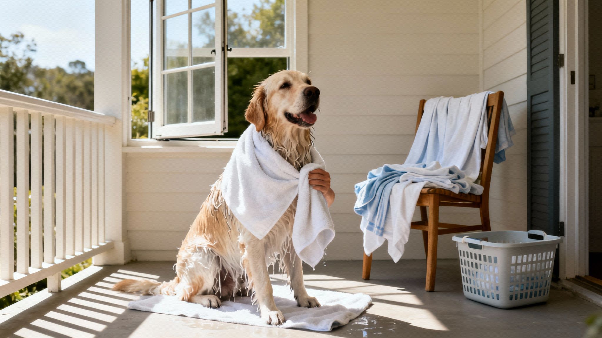 A wet Golden Retriever dog being dried with a white towel on a sunny porch after a bath.