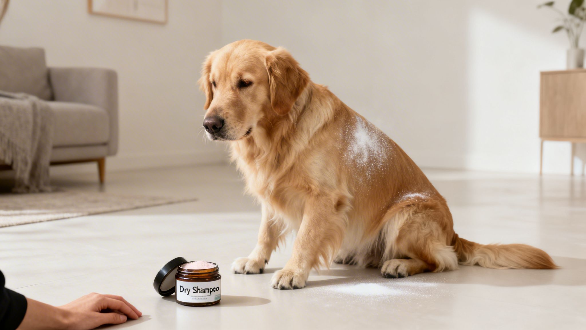 A golden retriever dog with white dry shampoo powder on its fur and the floor.
