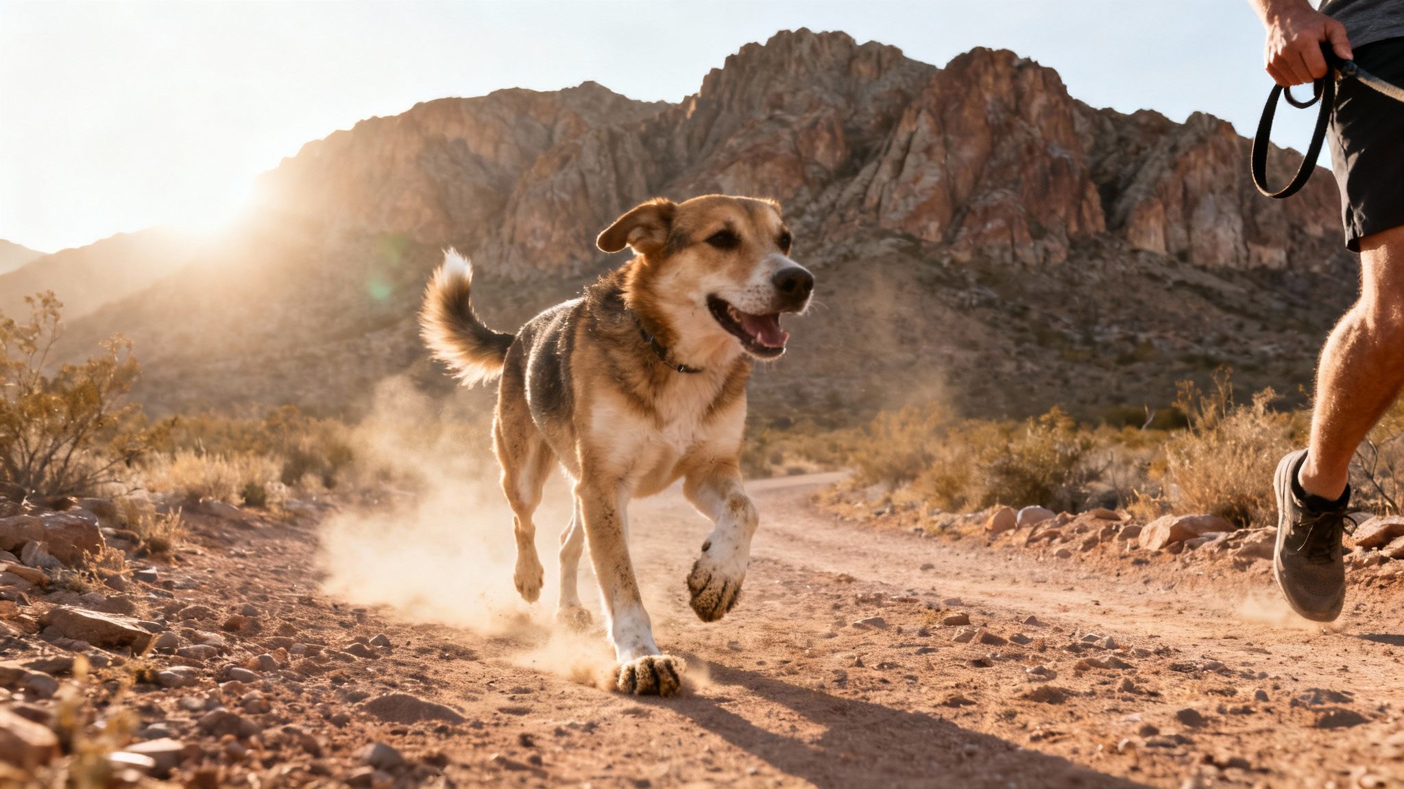 A happy brown and white dog runs on a dusty desert trail beside a person, with sunlit mountains in the background.