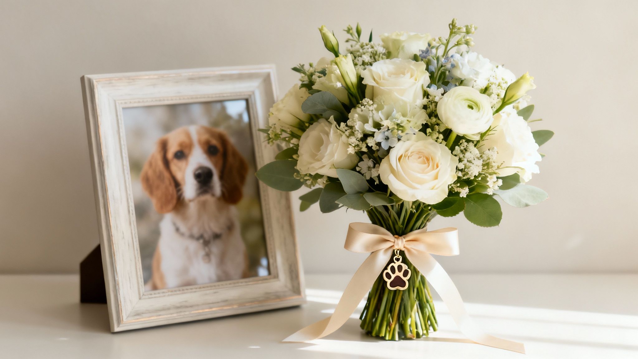 White flowers with a paw print charm and a photo of a beagle, symbolizing pet remembrance.