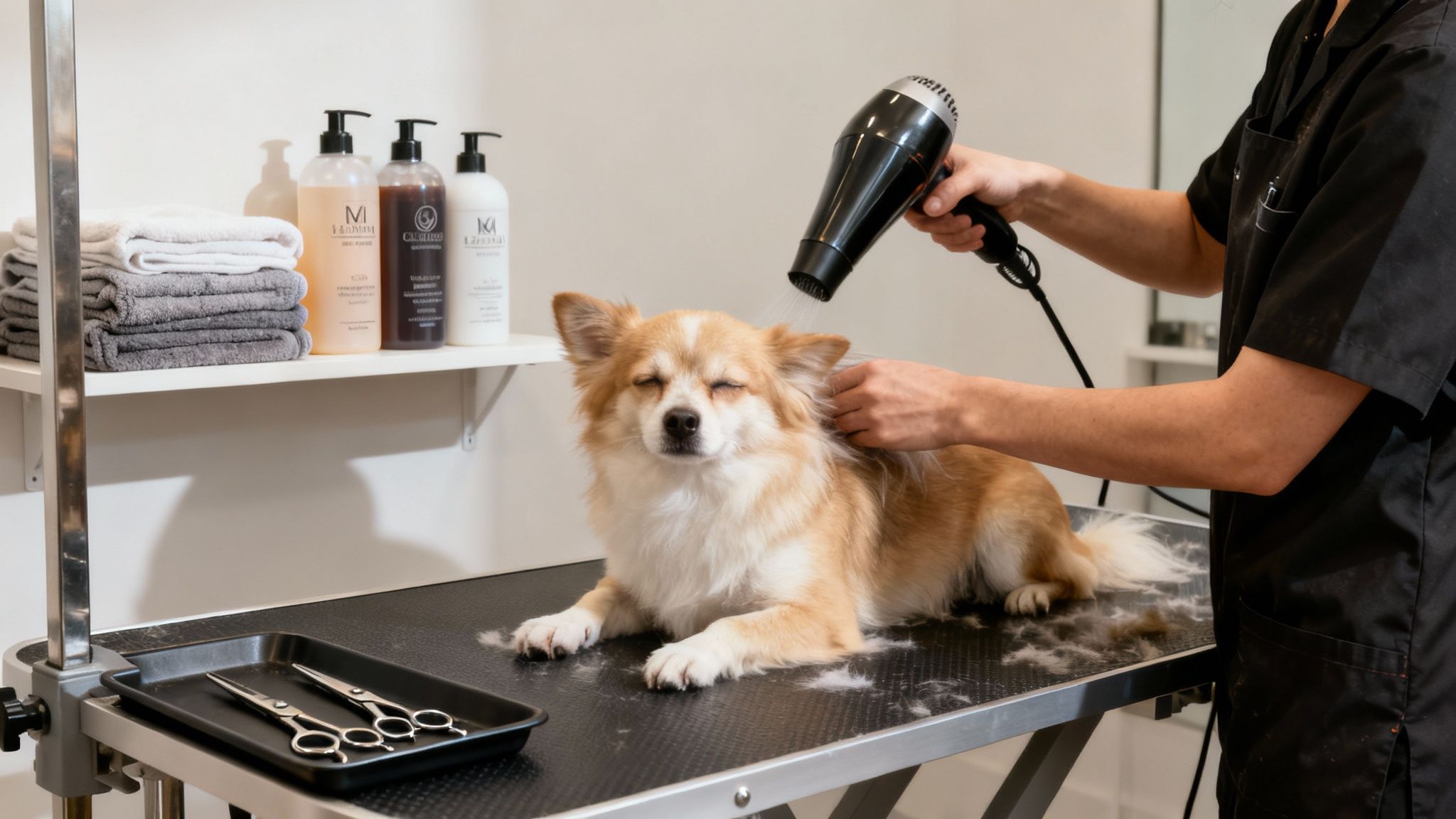 A small fluffy dog with closed eyes enjoys being blow-dried by a groomer at a salon.