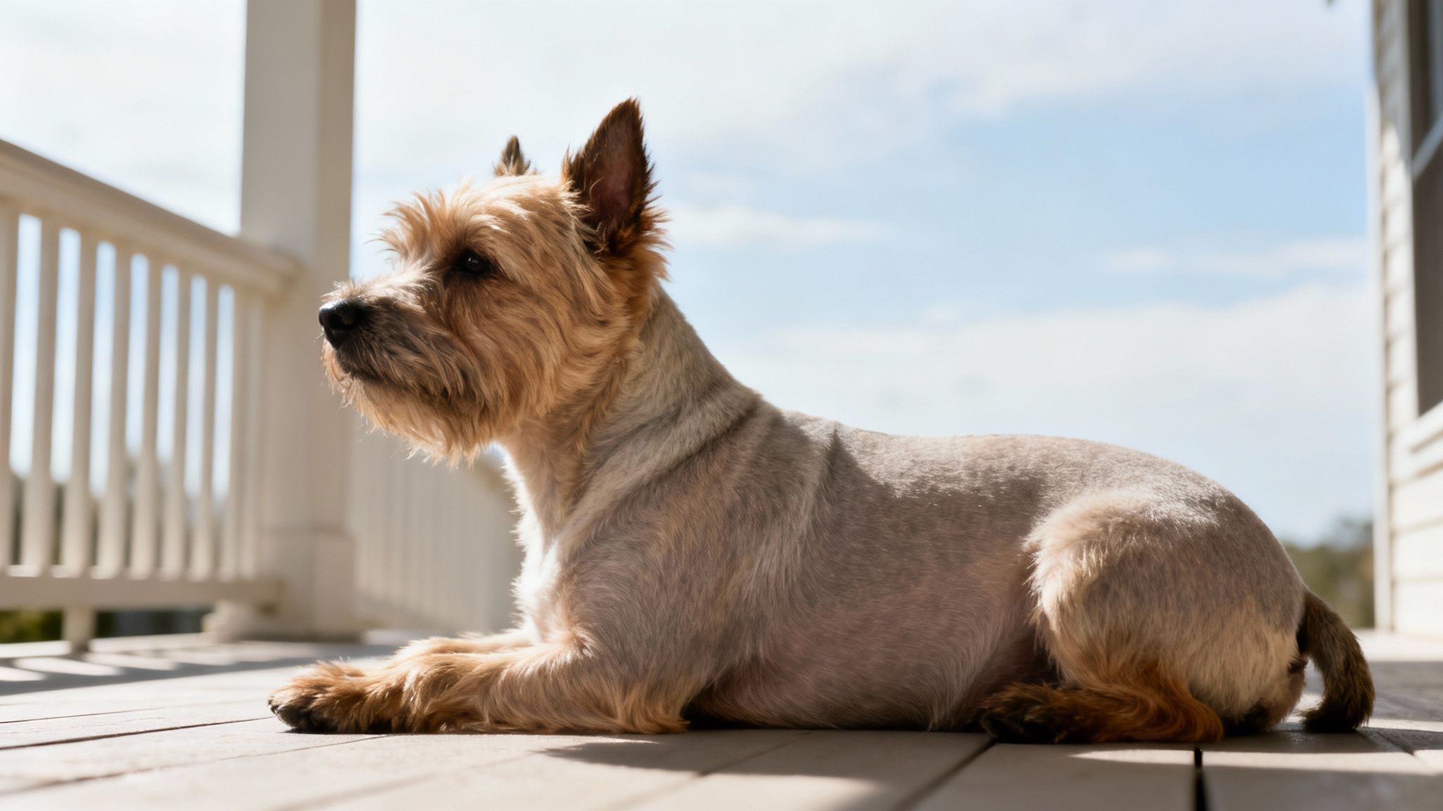 A groomed Cairn Terrier dog lying on a sunny wooden deck, looking left.
