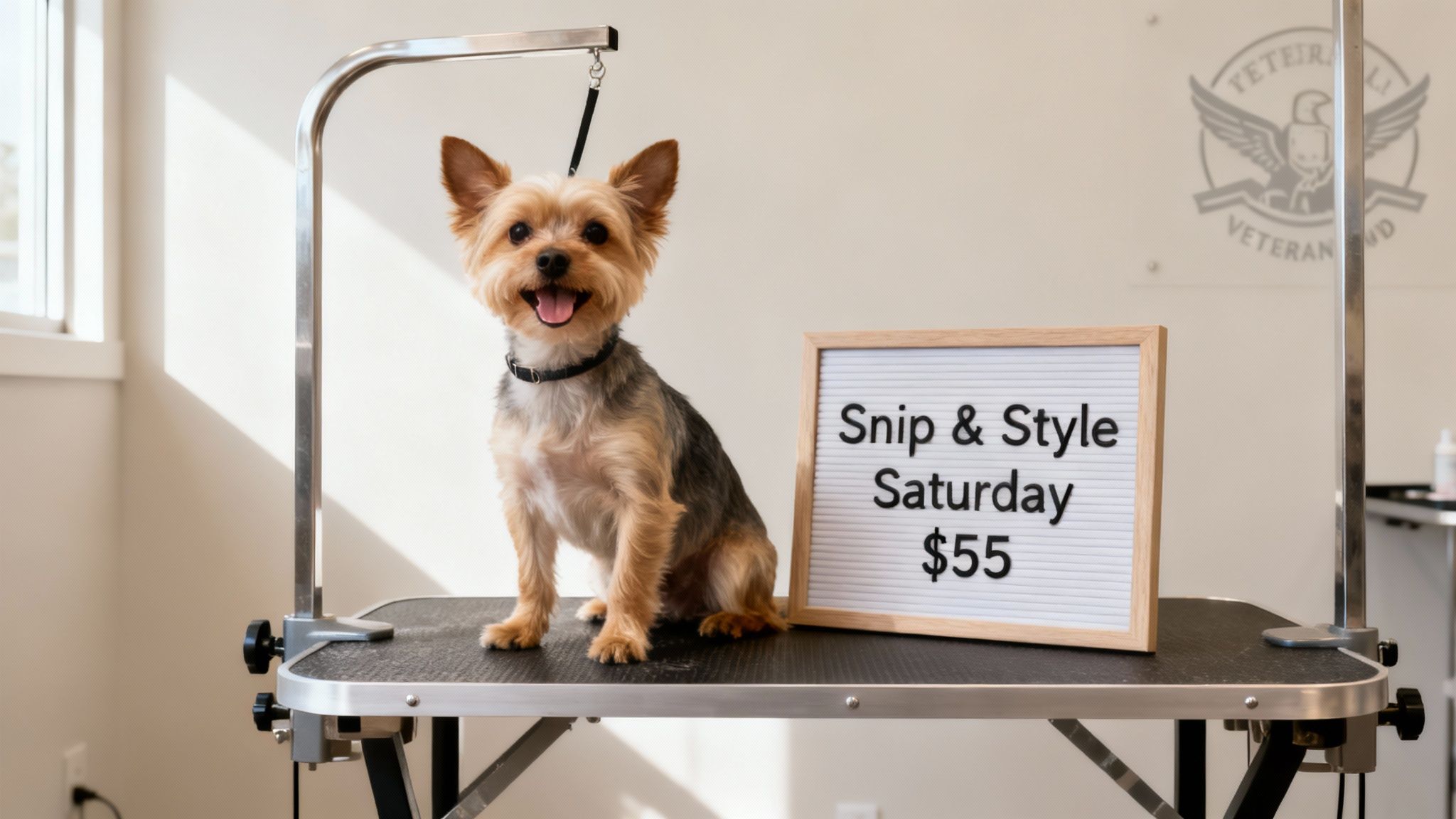 A happy Yorkshire Terrier sits on a grooming table with a "Snip & Style Saturday $55" sign.