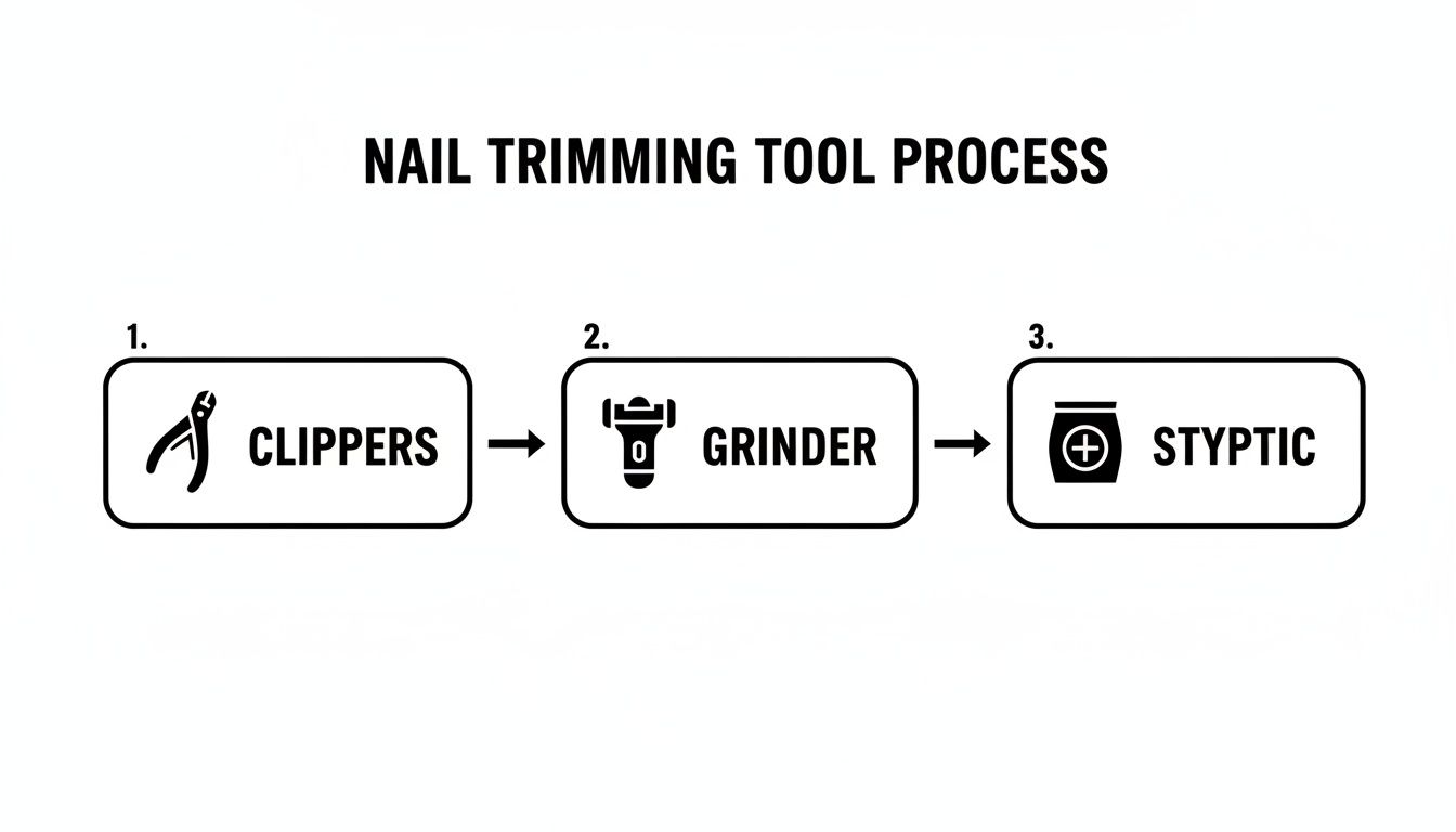 A flowchart showing the nail trimming tool process with clippers, grinder, and styptic powder.
