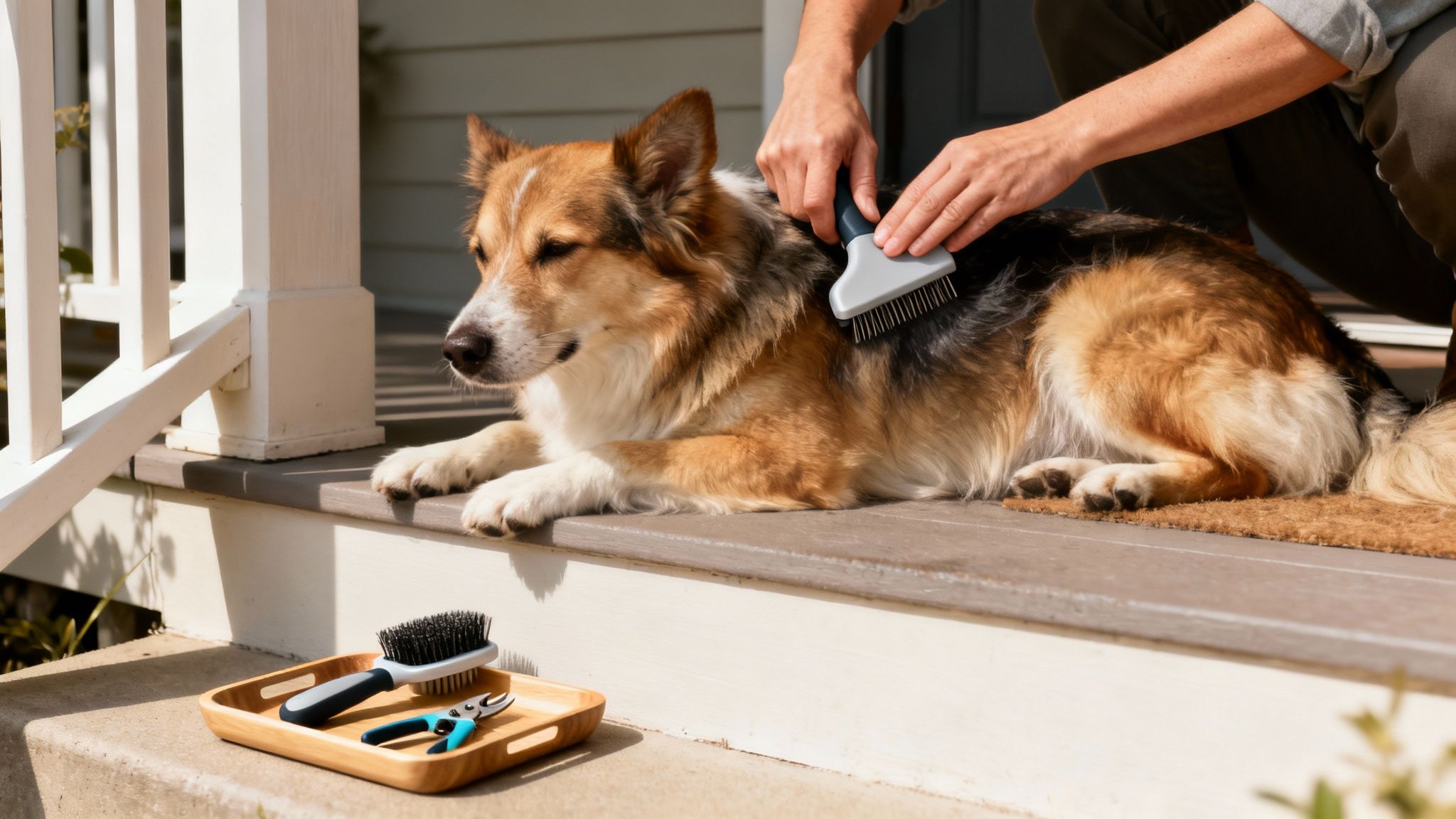 A person is grooming a fluffy brown and white dog with a brush on an outdoor porch.