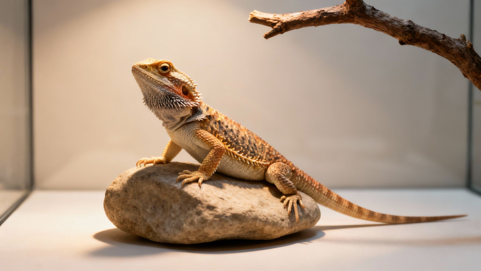 A bearded dragon lizard sits on a rock in a terrarium under a warm light.