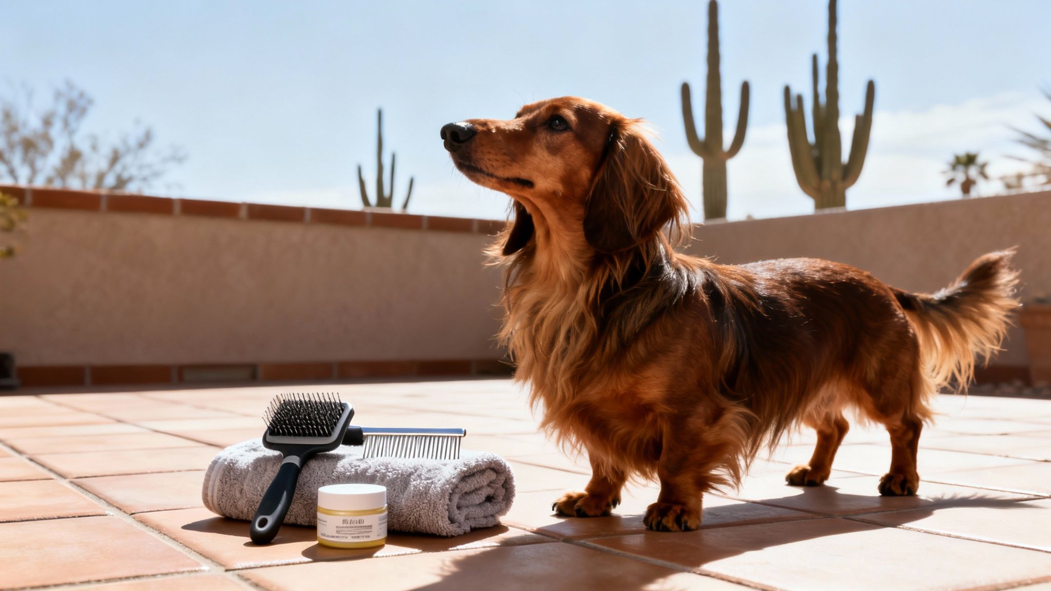 A cute long-haired dachshund dog stands next to a brush and grooming balm outdoors.