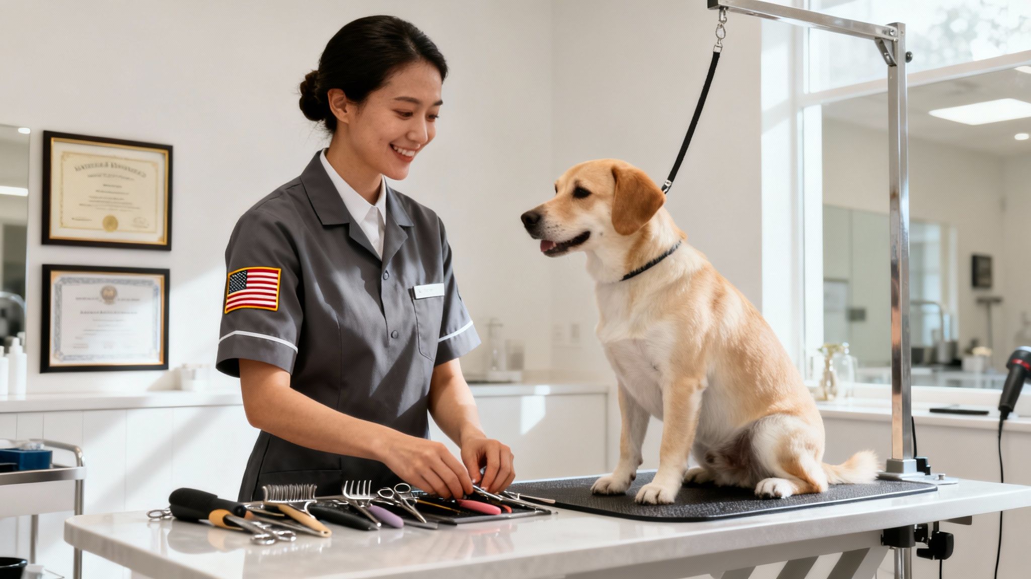 A smiling pet groomer prepares tools for a one-on-one grooming session with a happy golden retriever.