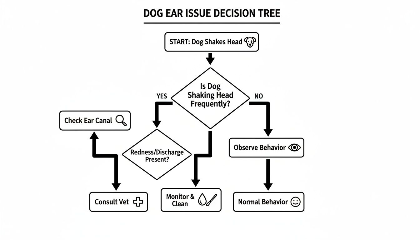 Decision tree flowchart guiding dog owners through ear issue diagnosis and treatment steps.