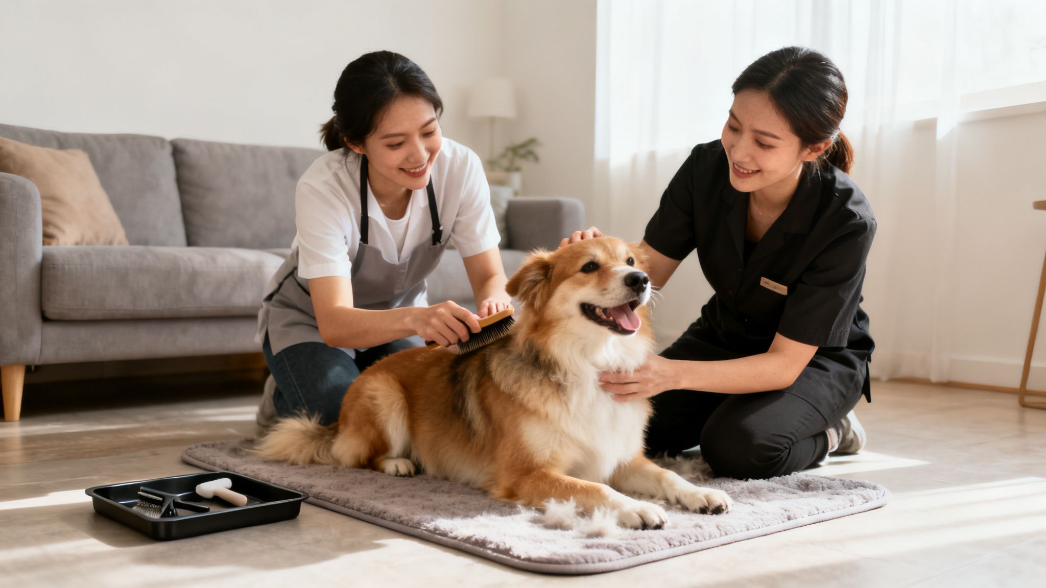 Two women happily grooming a fluffy brown and white dog on a mat at home.