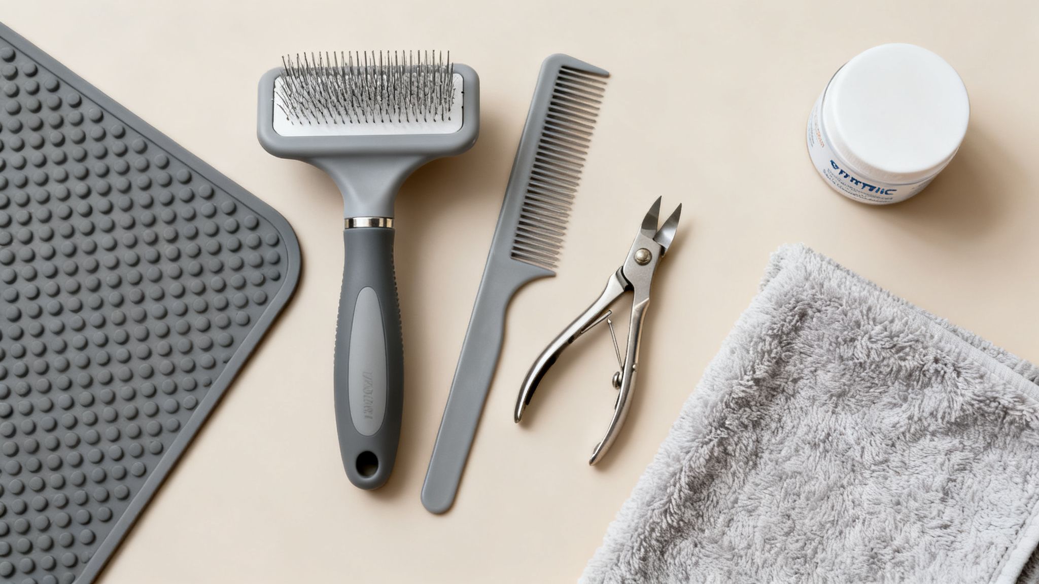 An overhead view of essential dog grooming tools including brushes, comb, clippers, and towel.