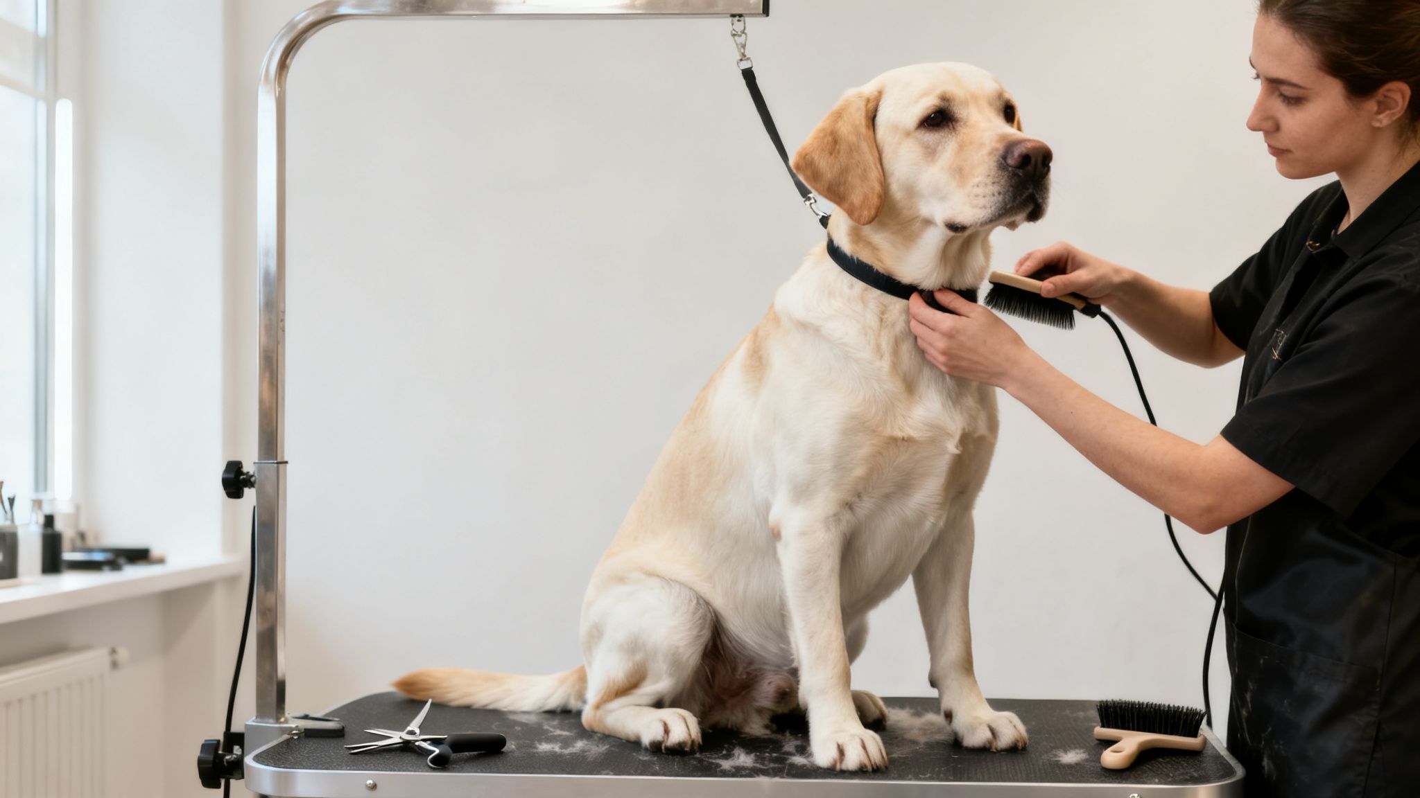 A professional groomer brushing a calm golden Labrador retriever on a calm grooming table.