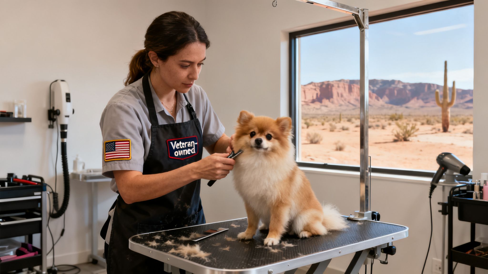 A woman in a 'Veteran-owned' apron grooms a small Pomeranian dog in a salon overlooking a desert landscape.