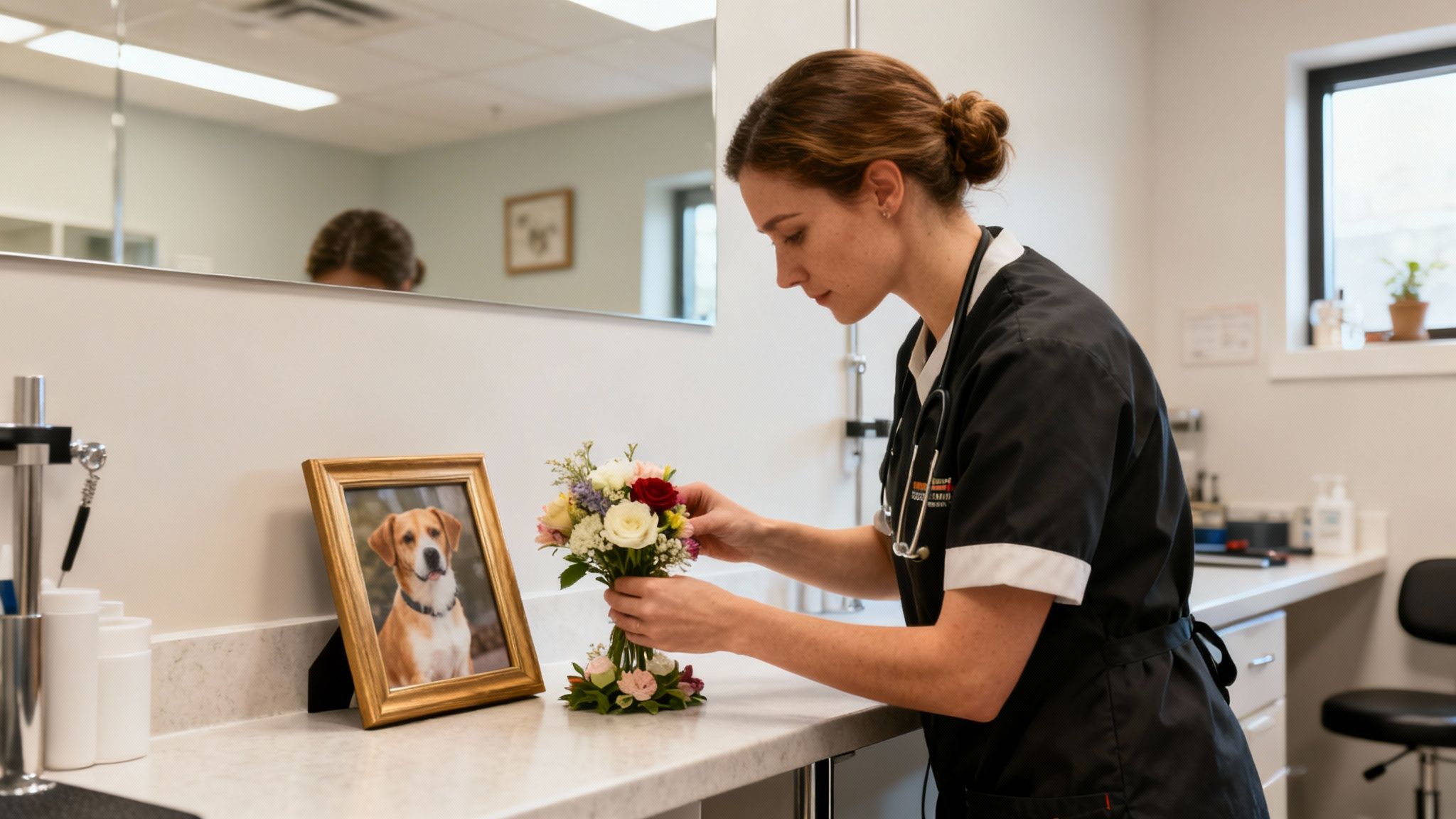 A compassionate vet arranges flowers next to a framed photo of a dog in a clinic.