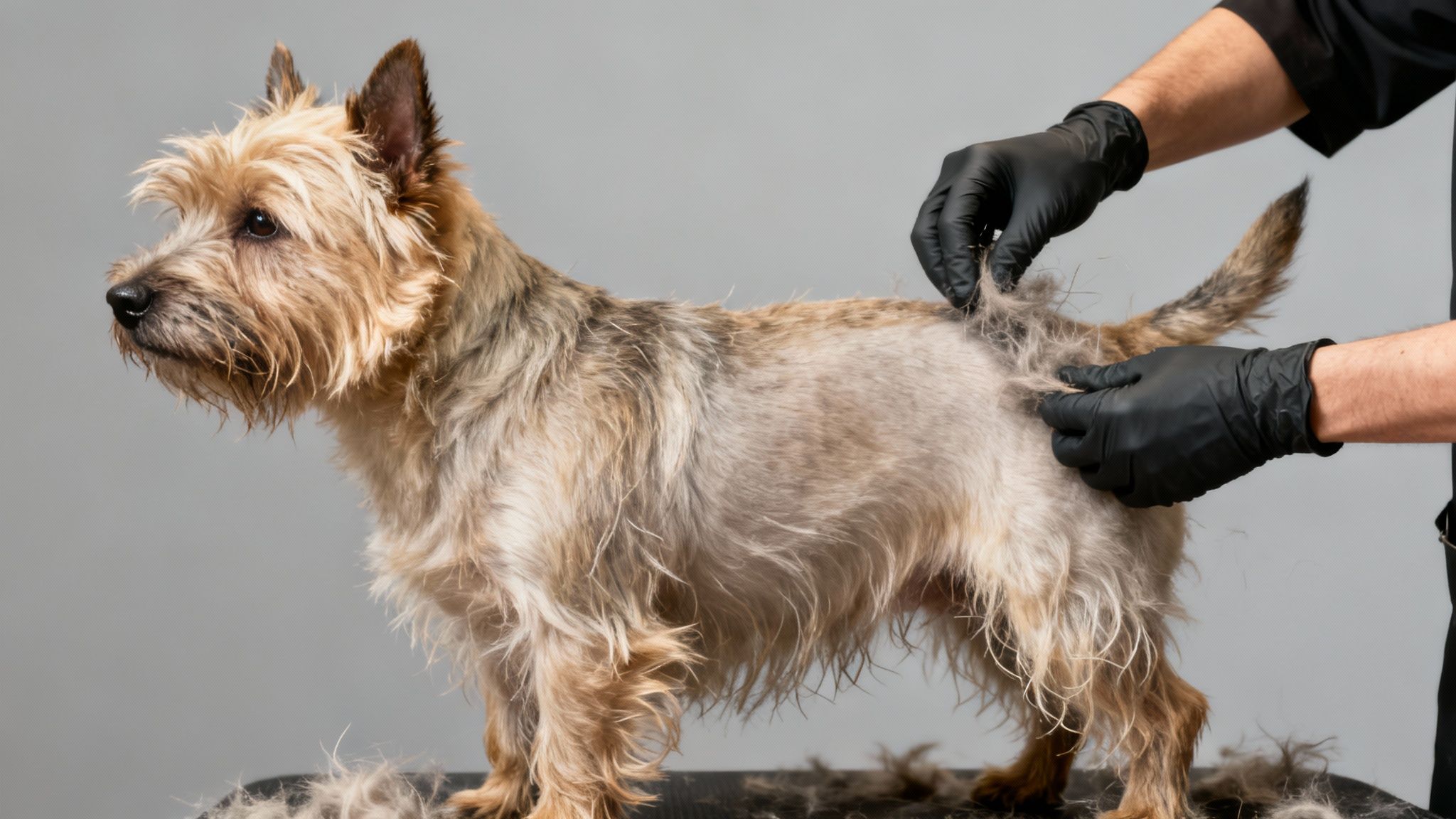 A professional groomer wearing black gloves hand-strips a Cairn Terrier, removing loose fur.