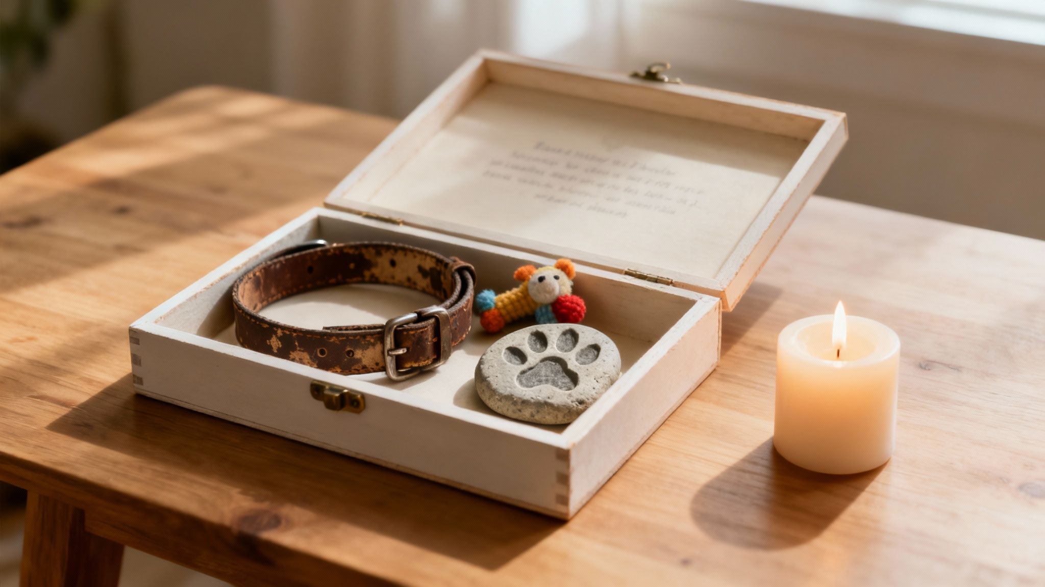 A dog's memorial box containing an old collar, a toy, and a paw print stone, with a lit candle.