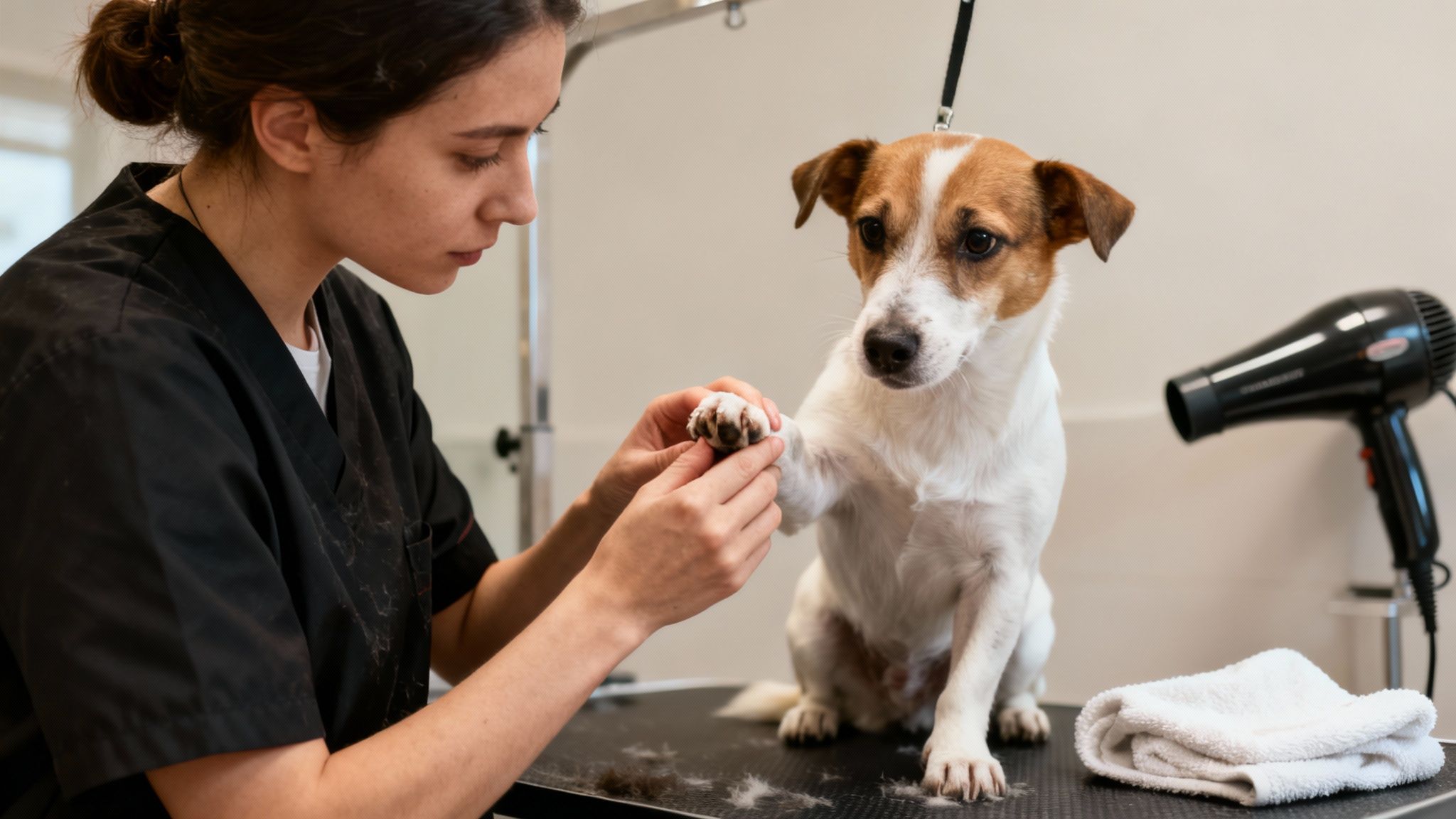 A groomer gently holds a Jack Russell Terrier's paw on a grooming table, preparing for care.