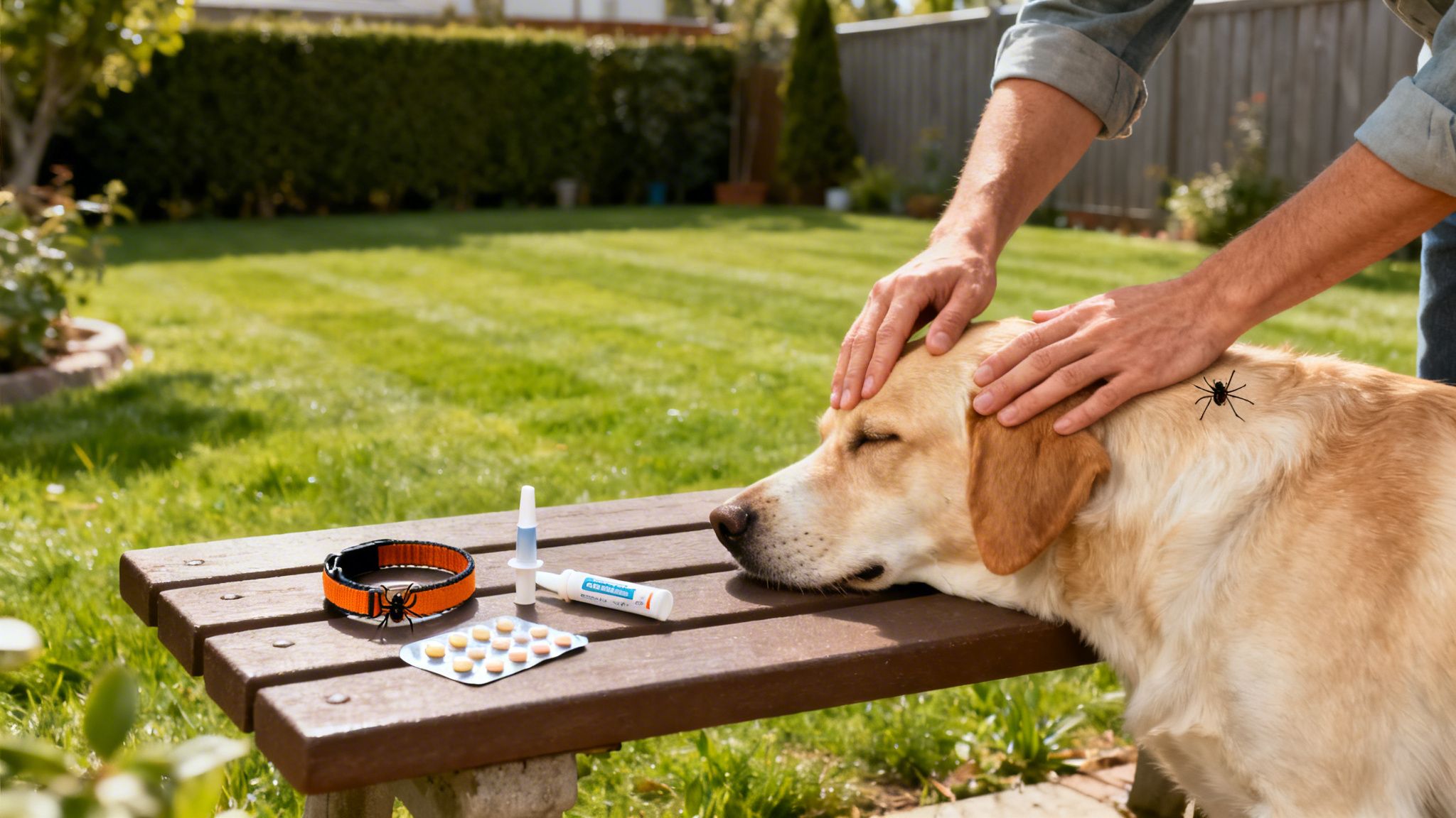A person gently pets a golden retriever dog with ticks, next to tick prevention products on a bench.