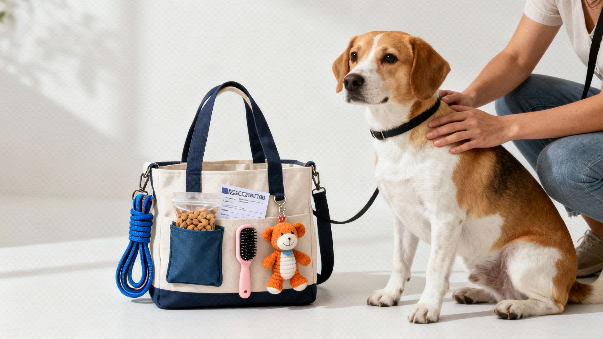 A person pets a happy beagle dog next to a travel bag with pet supplies for a groomer visit.