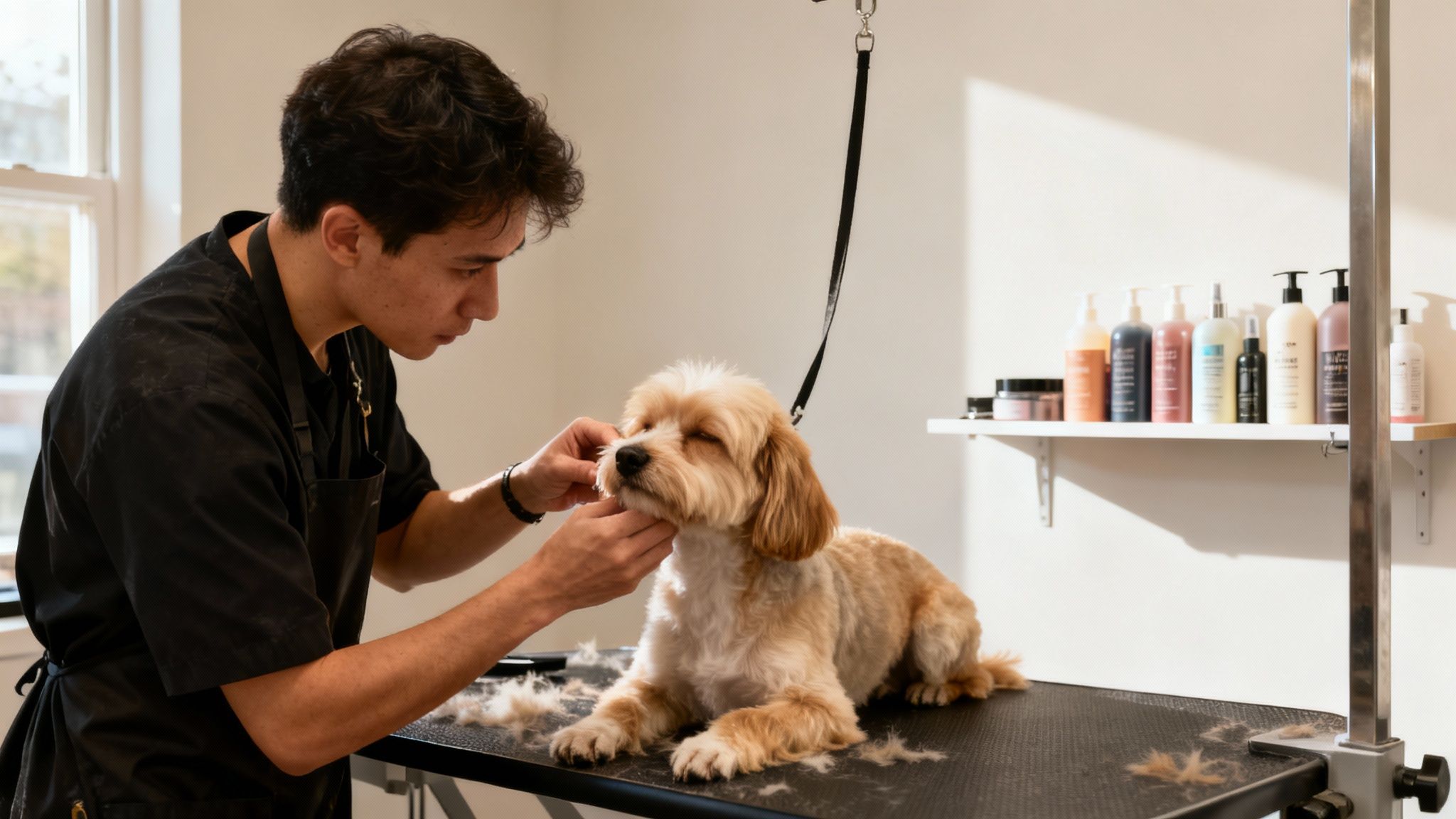A groomer meticulously cleans a small dog's ear on a professional grooming table.