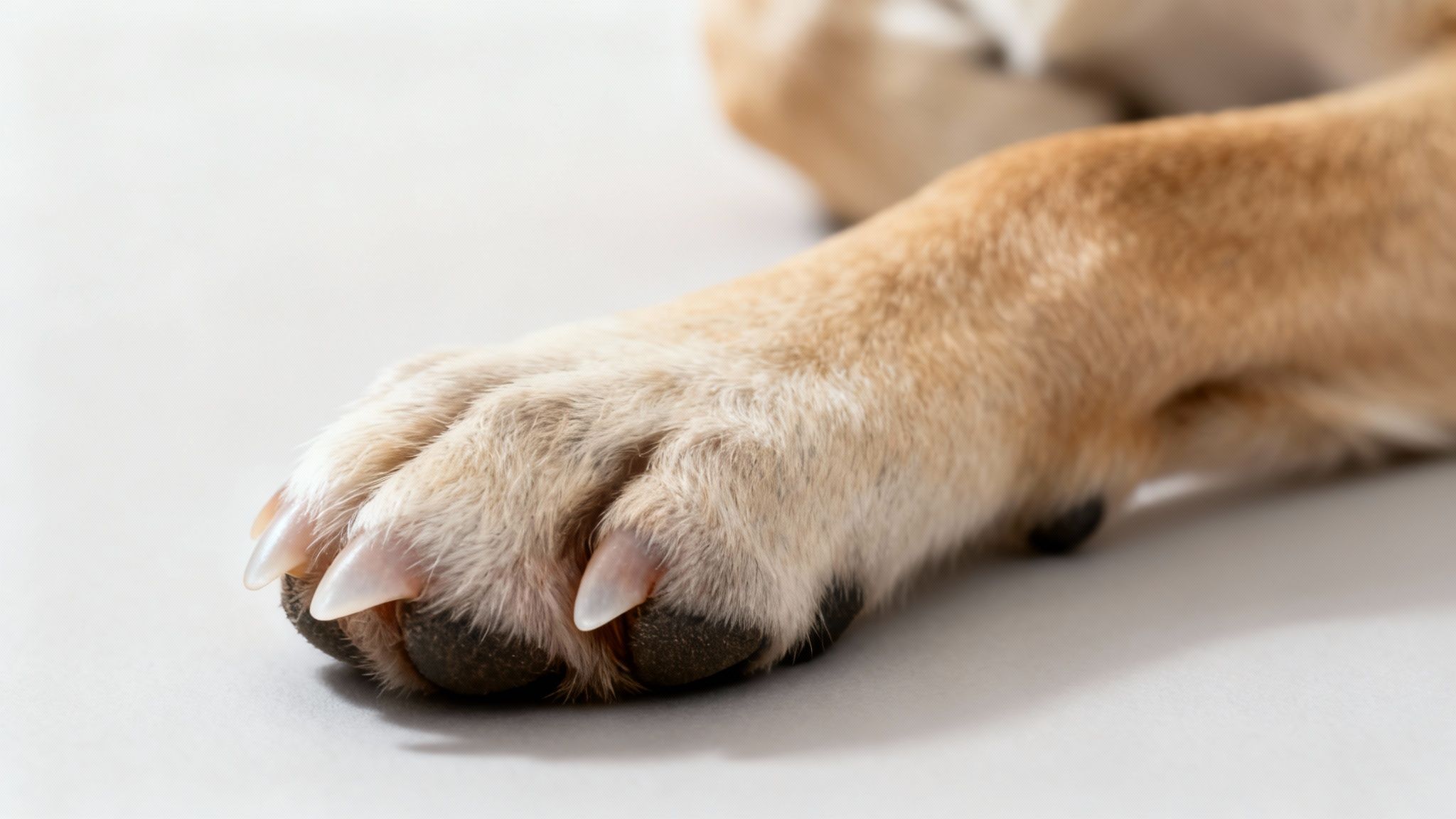 Close-up of a dog's paw with long, untrimmed, light-colored nails resting on a white surface.
