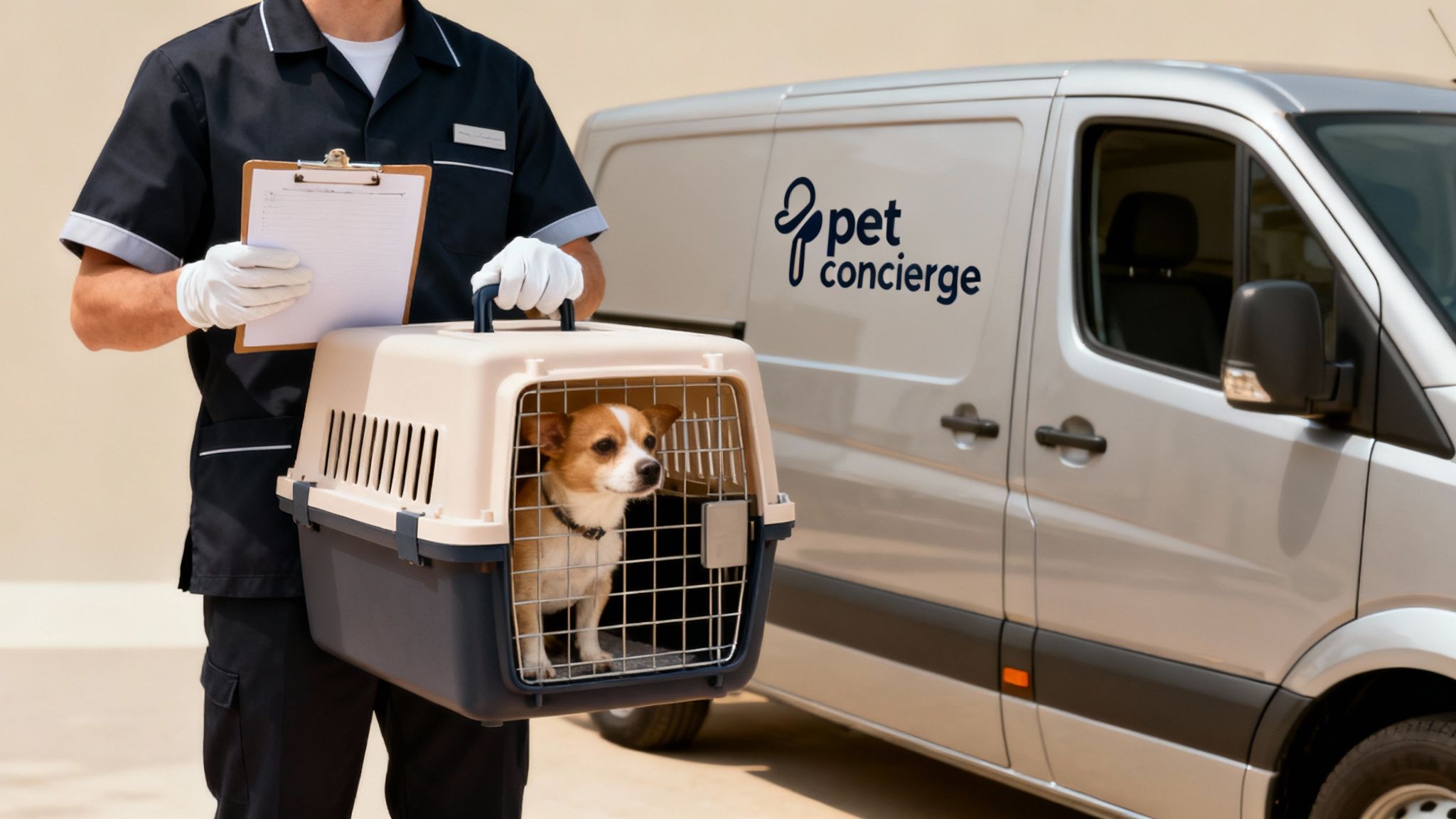 A uniformed pet concierge holds a small dog in a carrier and a clipboard, standing by a 'Pet Concierge' van.