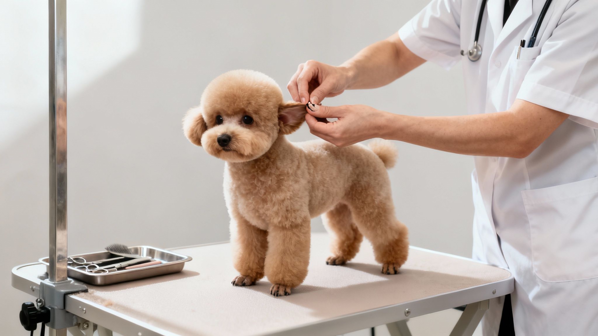 A professional groomer's hands carefully tend to a miniature poodle's ear on a grooming table.