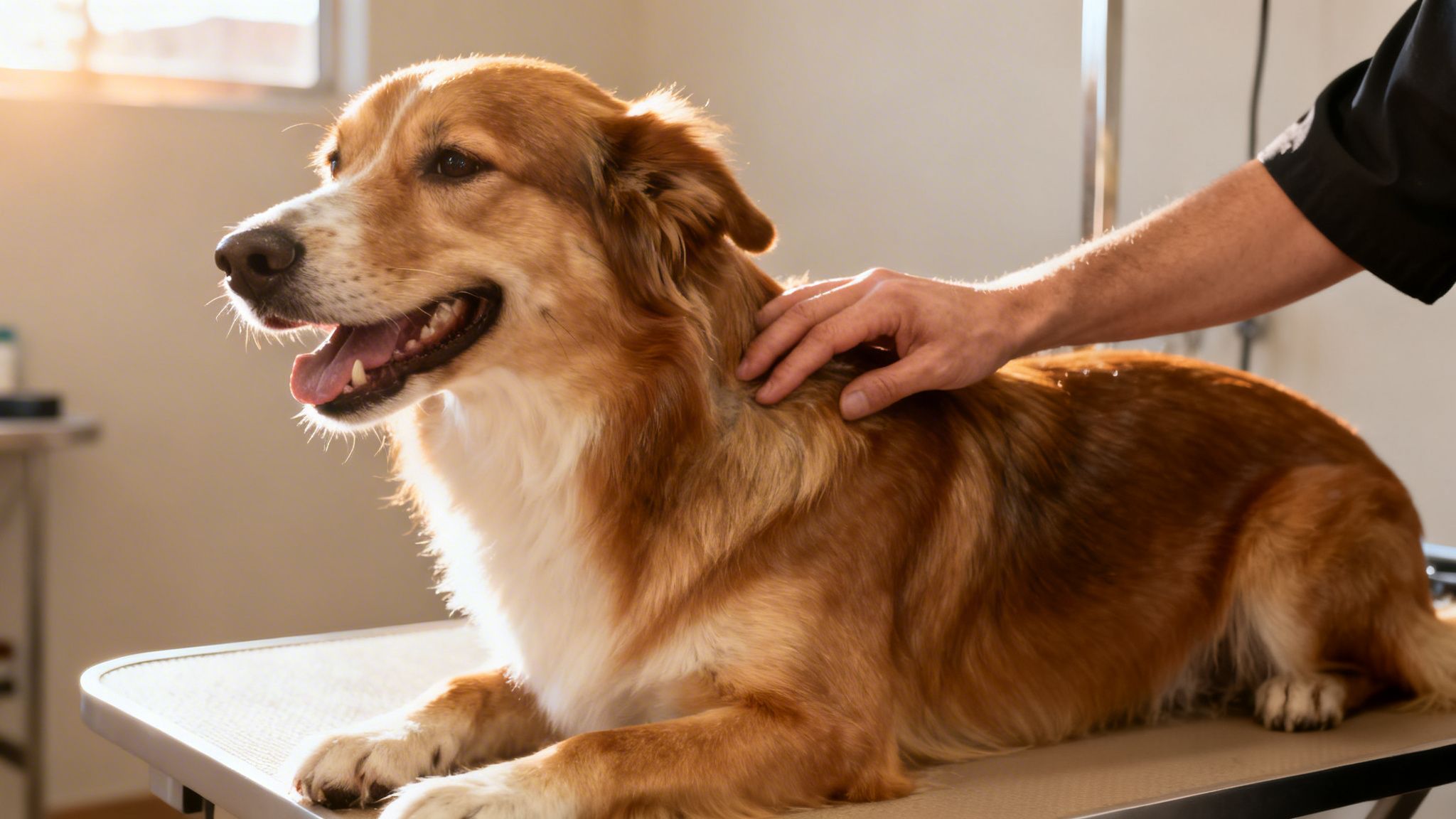 A happy golden and white dog lies on a grooming table while a person's hand gently pets its fur.