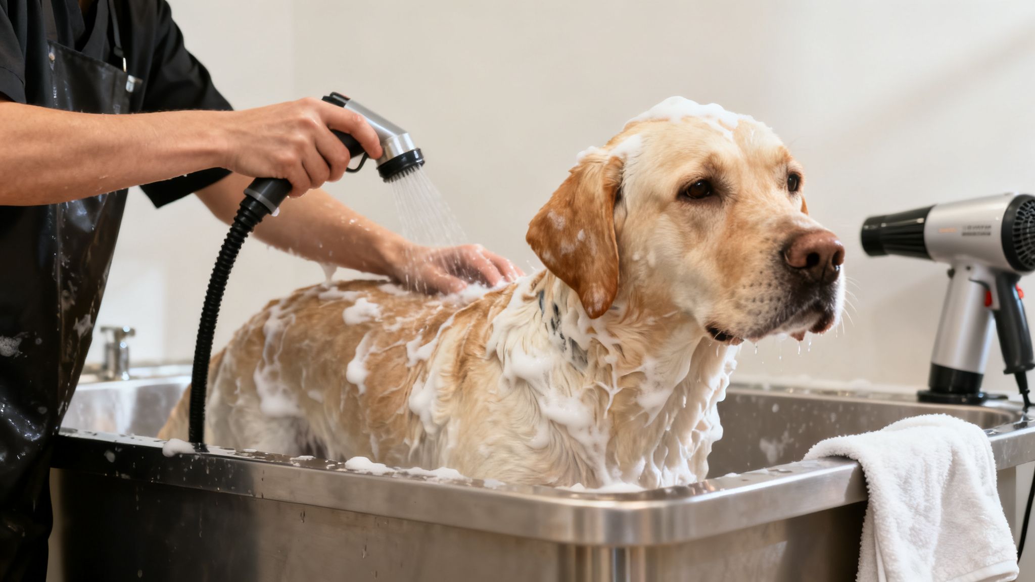 A happy golden labrador dog gets a luxurious bath with soap suds from a groomer.