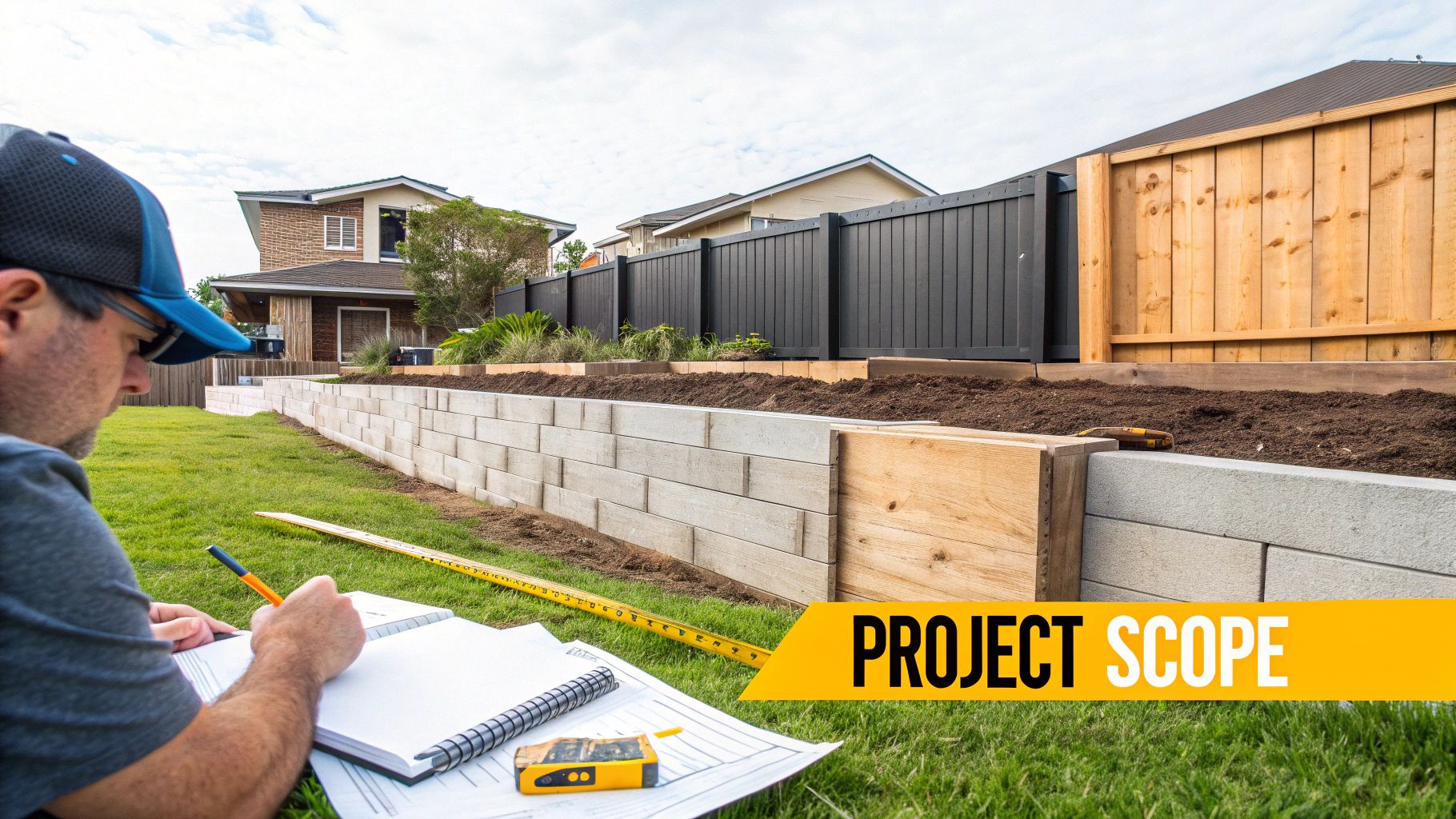 A newly constructed sandstone block retaining wall curving along a sloped residential property.