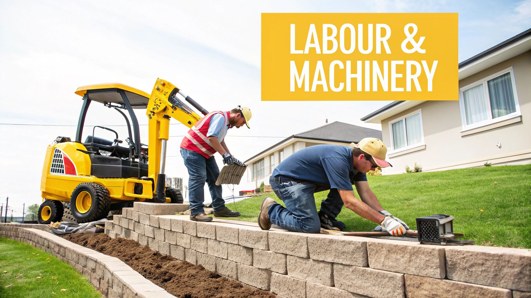Two construction workers building a stone retaining wall with a mini excavator nearby in a residential backyard.