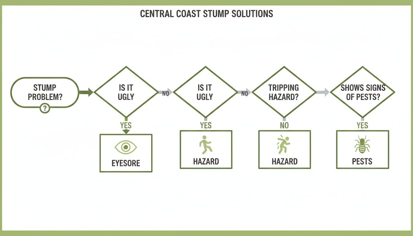 A flowchart titled 'Central Coast Stump Solutions' illustrating common reasons for stump removal.