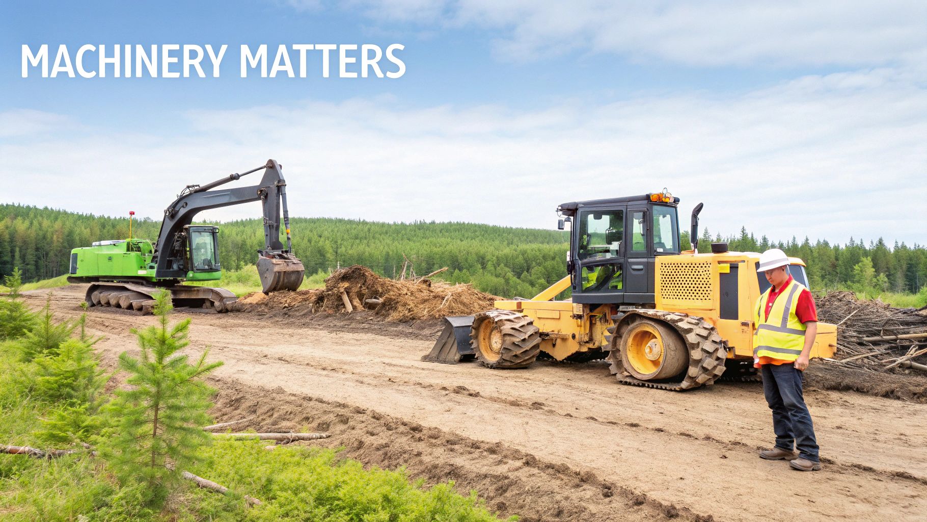 Construction site with an excavator, front-end loader, and a worker amidst land clearing operations.