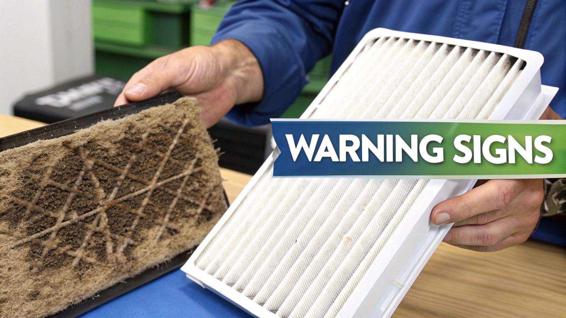 A person holds a dirty air filter next to a clean, new one, illustrating warning signs for maintenance.