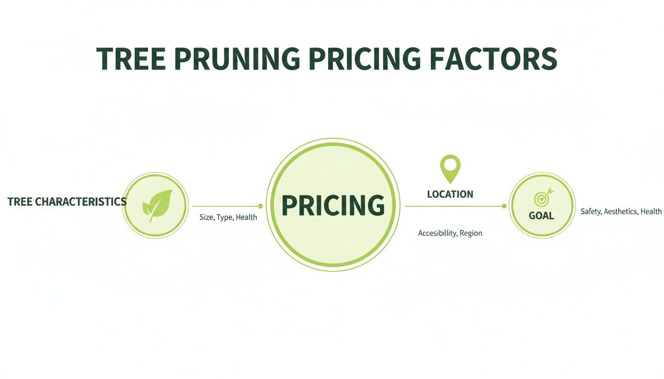 Infographic showing tree pruning pricing factors: tree characteristics, location, and goal influencing cost.