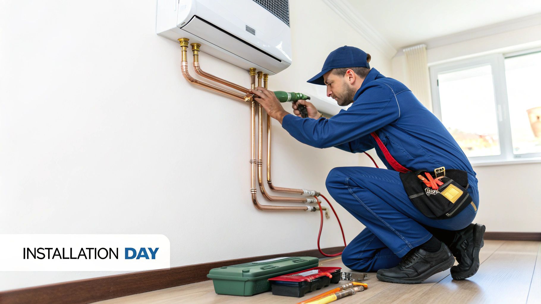 A technician in a blue uniform is installing an air conditioning unit and copper pipes on a white wall.