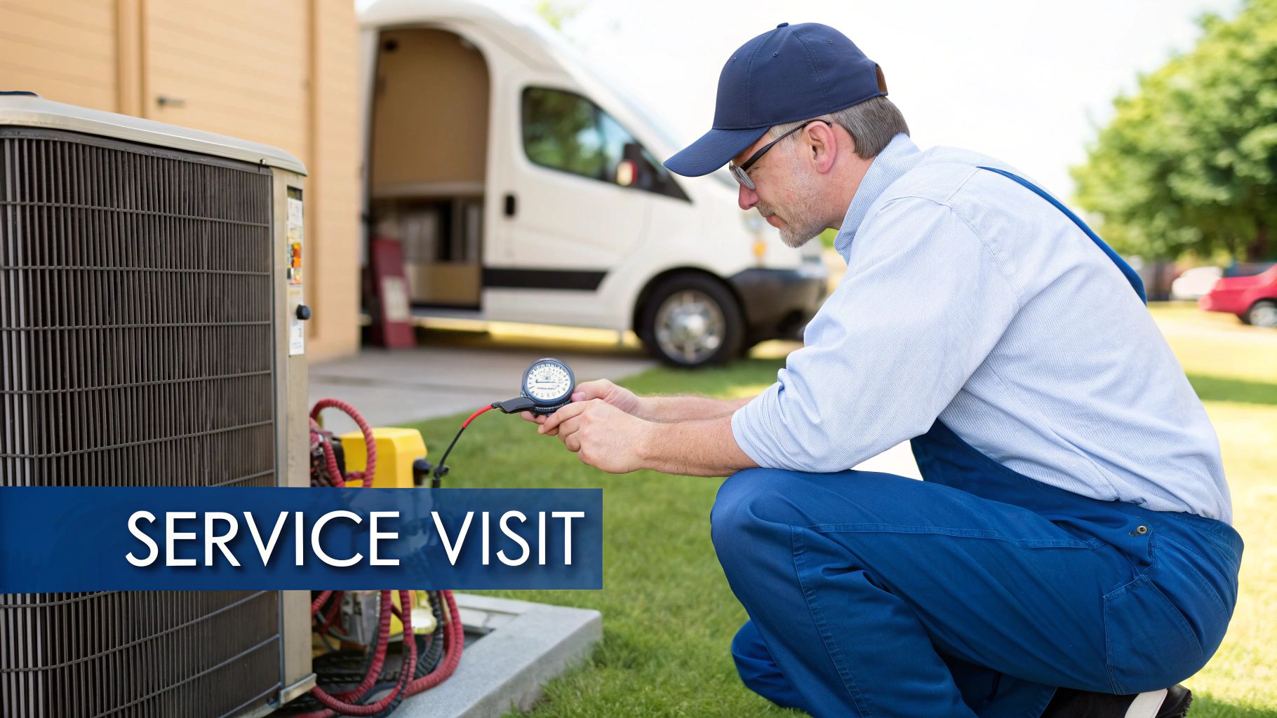 A technician in blue overalls and a cap services an outdoor AC unit with a gauge.