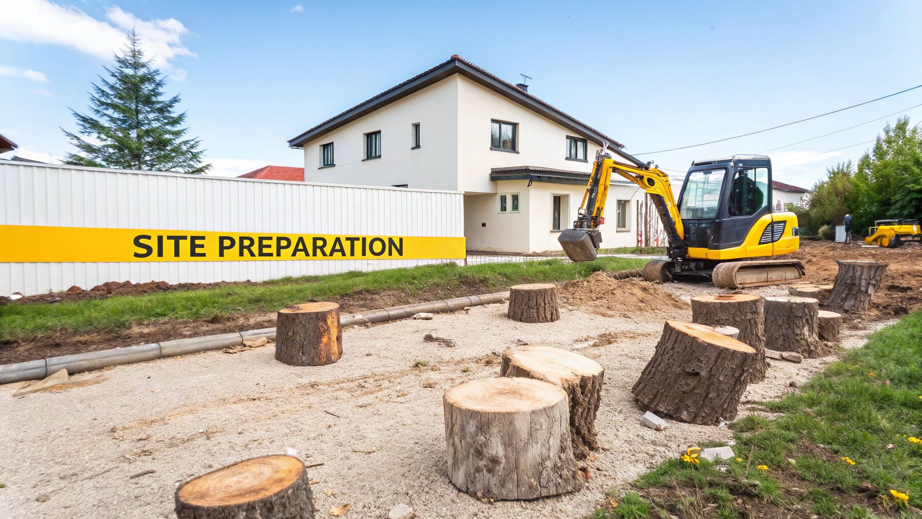A construction site with a yellow excavator, tree stumps, and a 'SITE PREPARATION' sign.