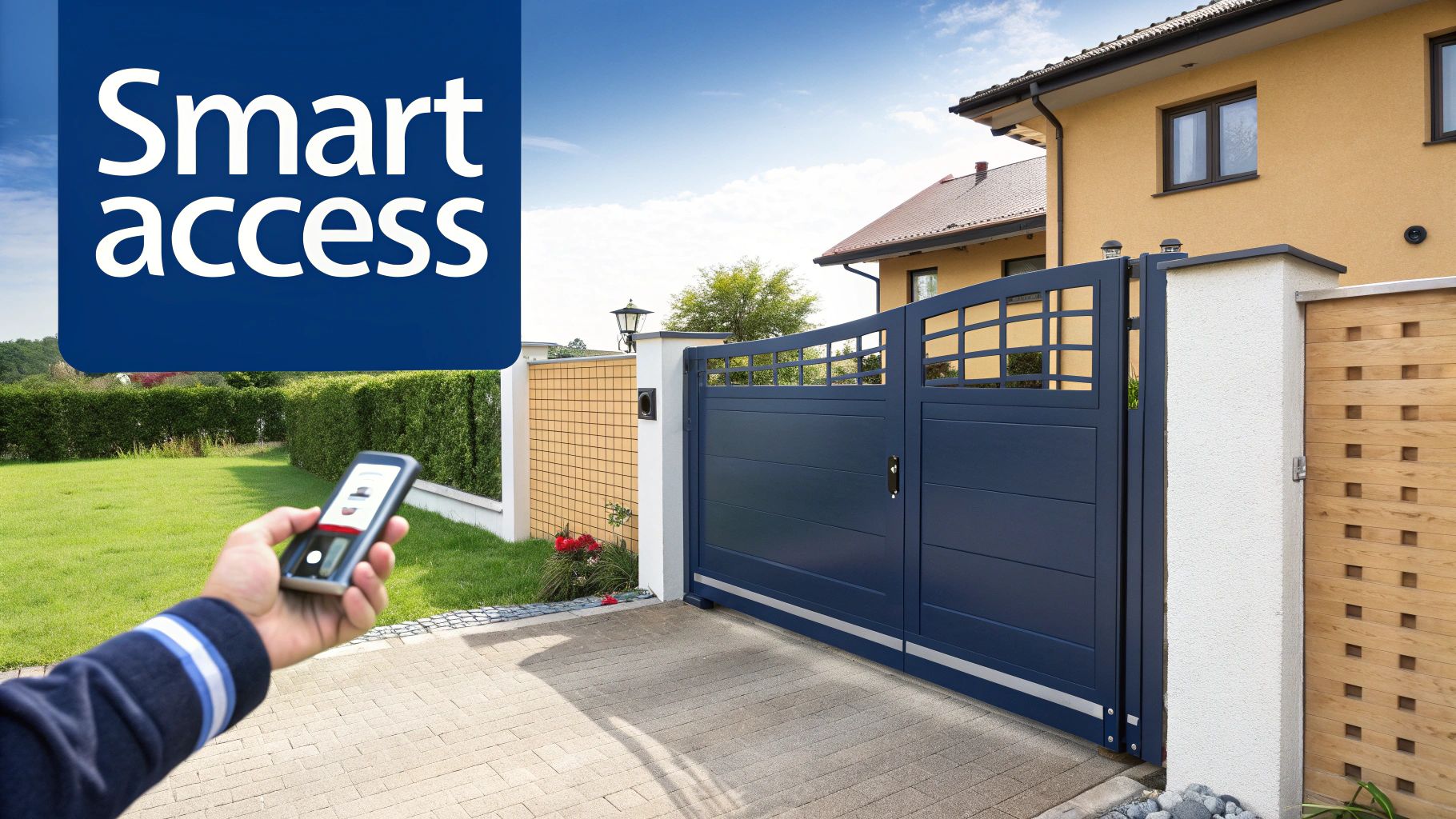 A hand holding a smartphone to remotely open an automated residential security gate.