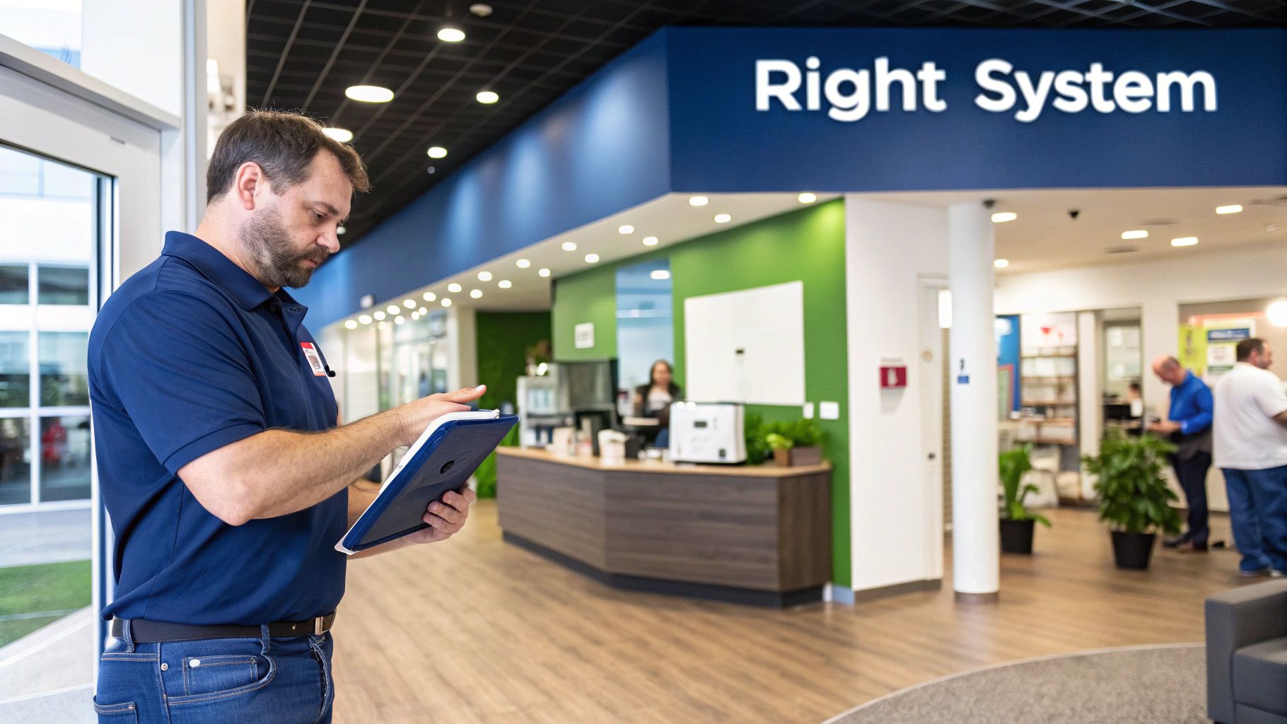 A male technician in a blue polo shirt uses a tablet in a modern commercial building.