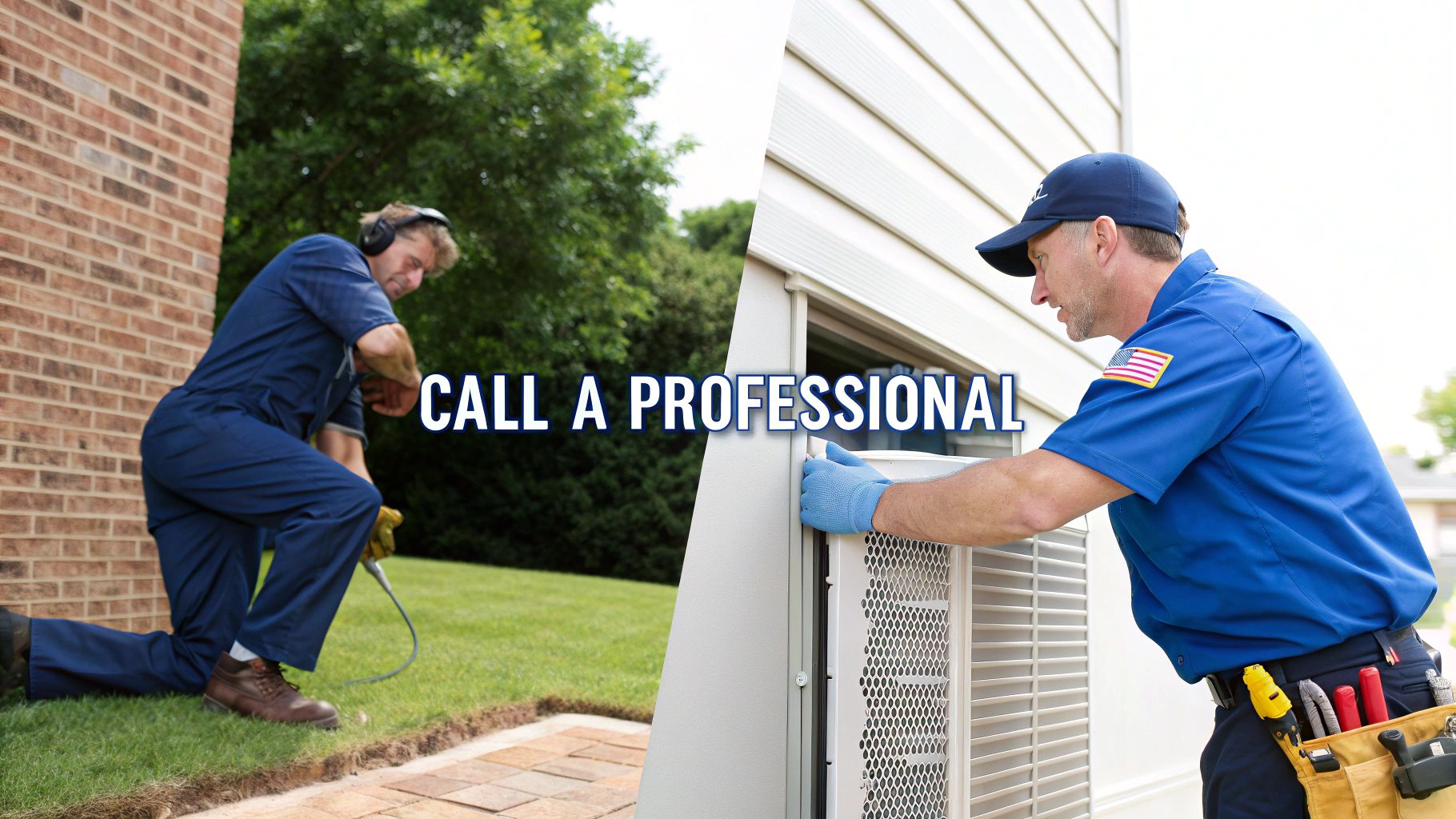 Two service professionals working on home systems: one on outdoor plumbing, the other on an AC unit.