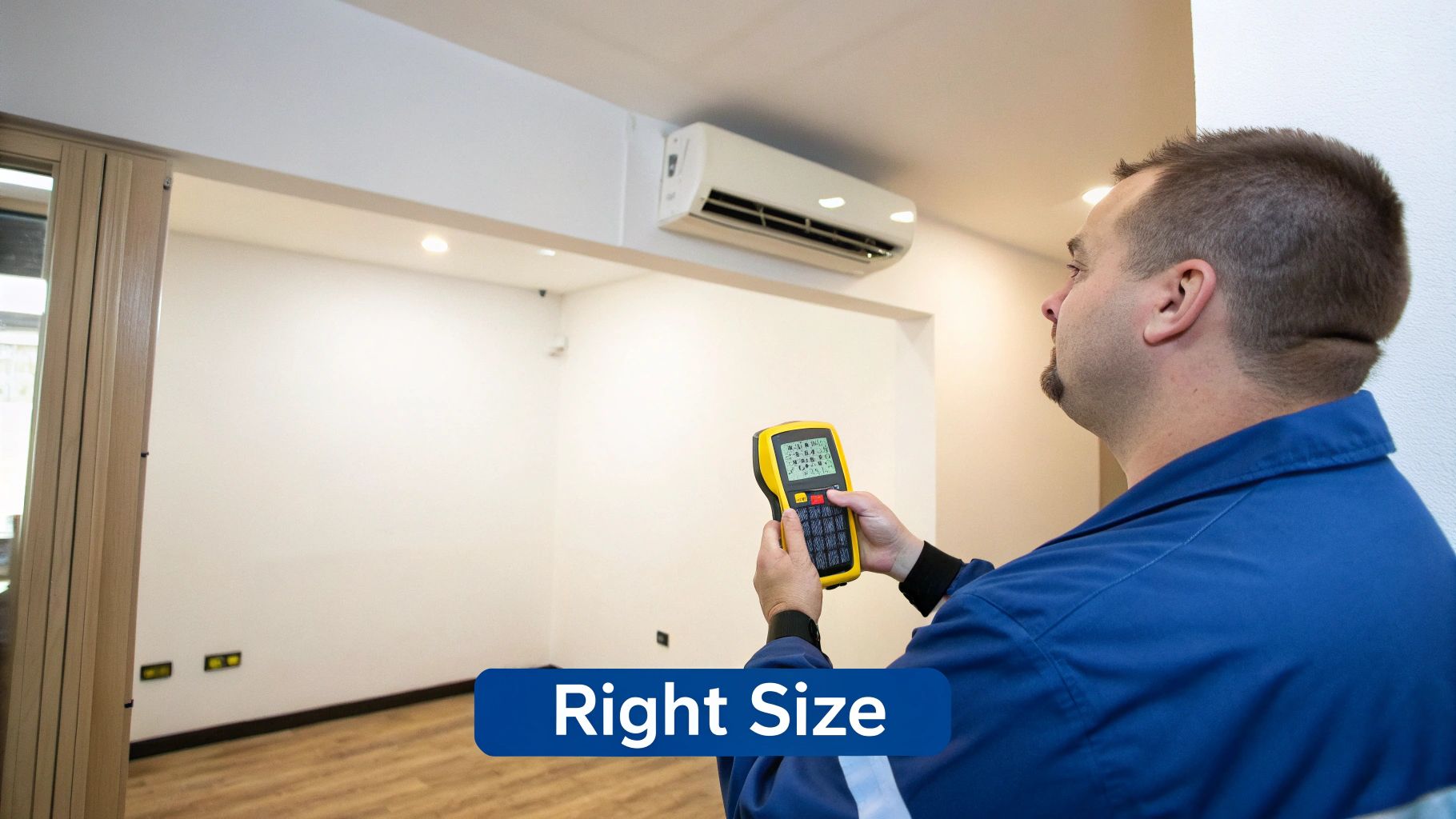 A technician performs an AC sizing inspection, holding a device near a newly installed split system air conditioner.