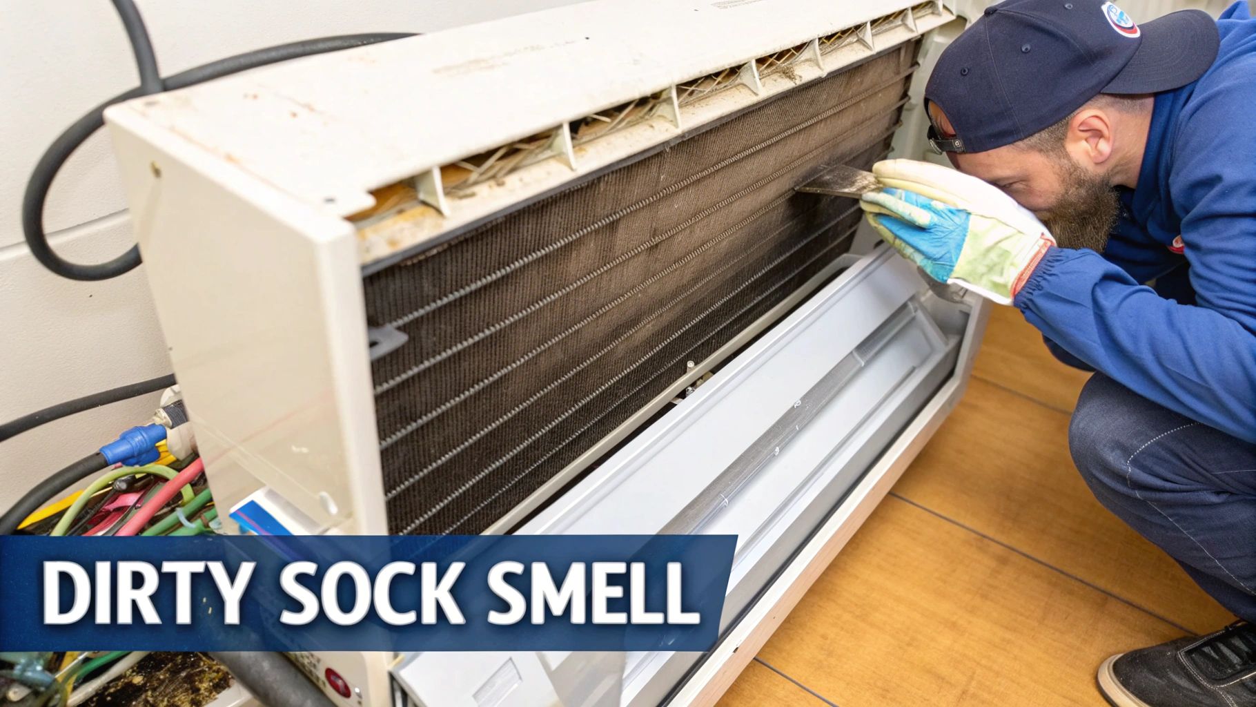 Technician in gloves inspecting dirty air conditioner coils, a common cause of foul odors.