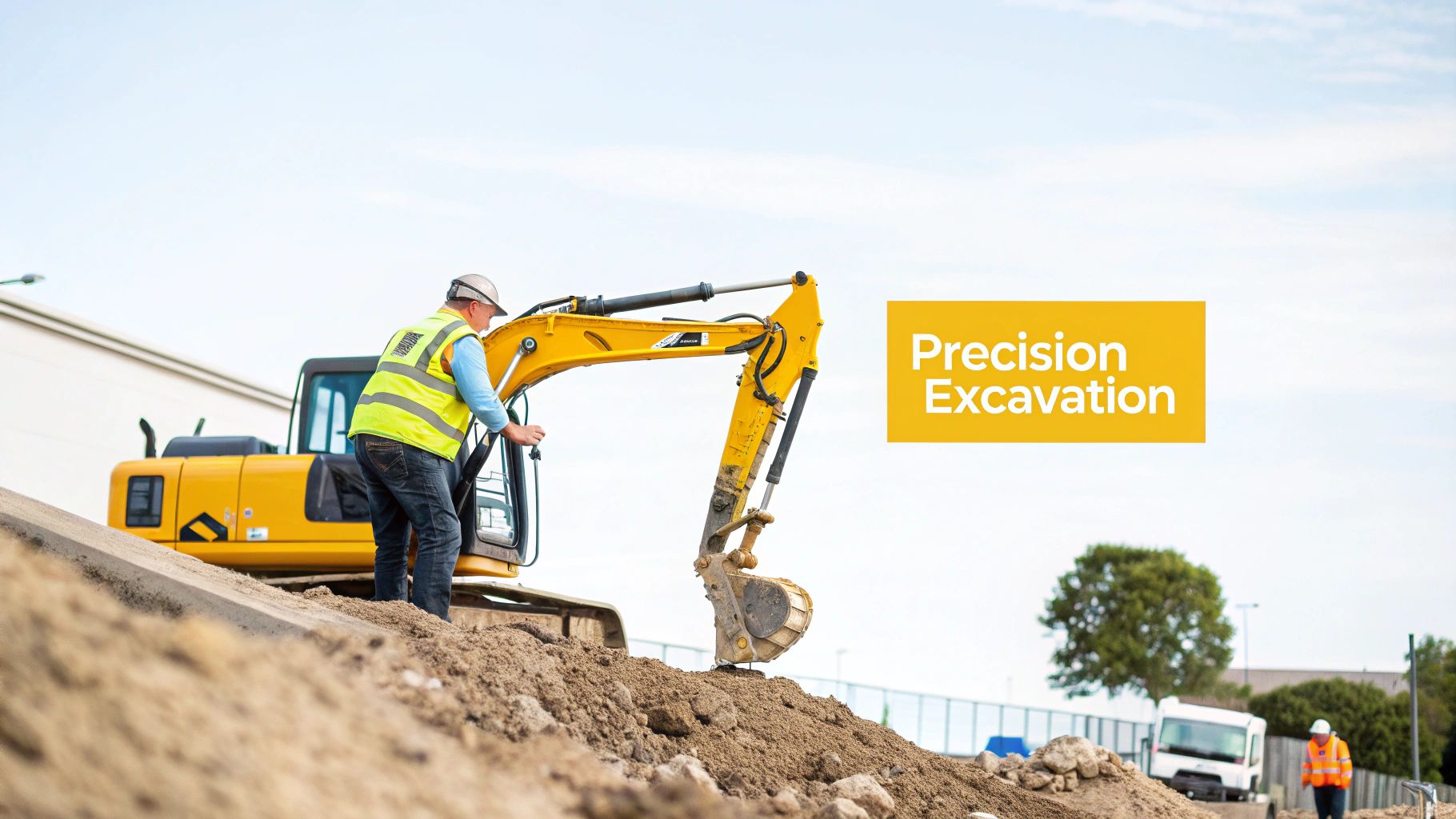 A construction worker in a hard hat and high-vis vest steps into a yellow excavator on a job site.